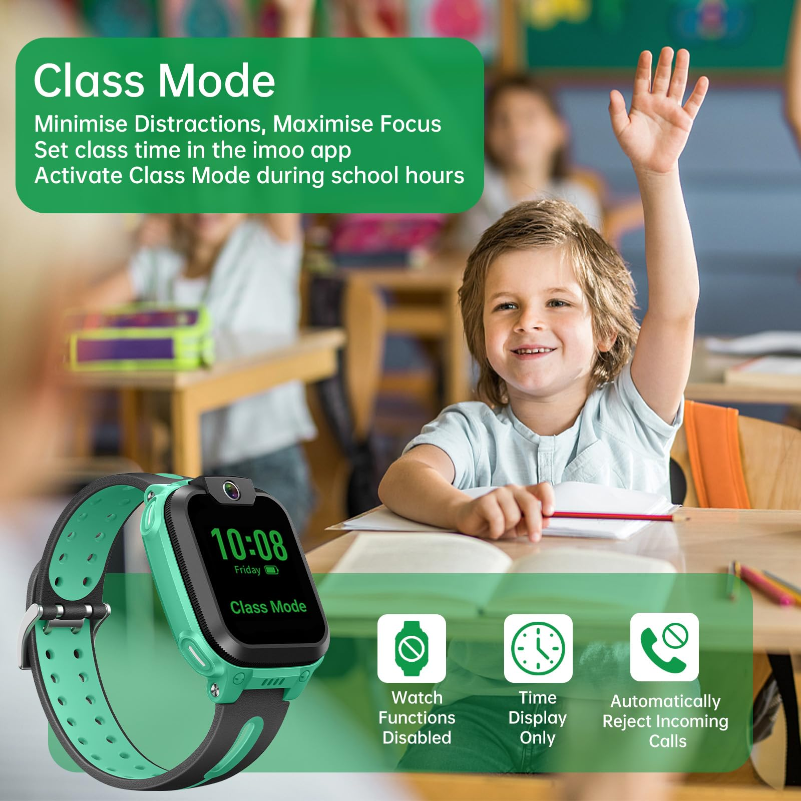 Ein Kind hebt in der Klasse die Hand, im Vordergrund ist eine grüne Smartwatch abgebildet.