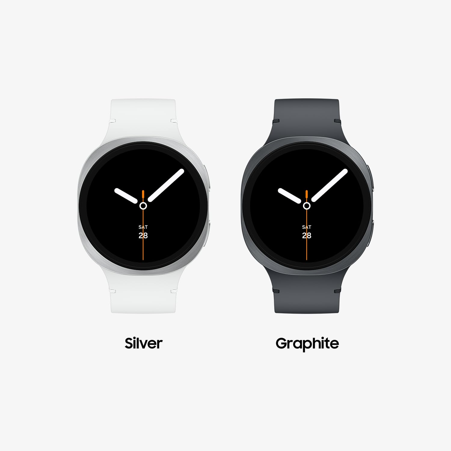 Due smartwatch affiancati: a sinistra in argento con cinturino bianco, a destra in grafite con cinturino scuro.