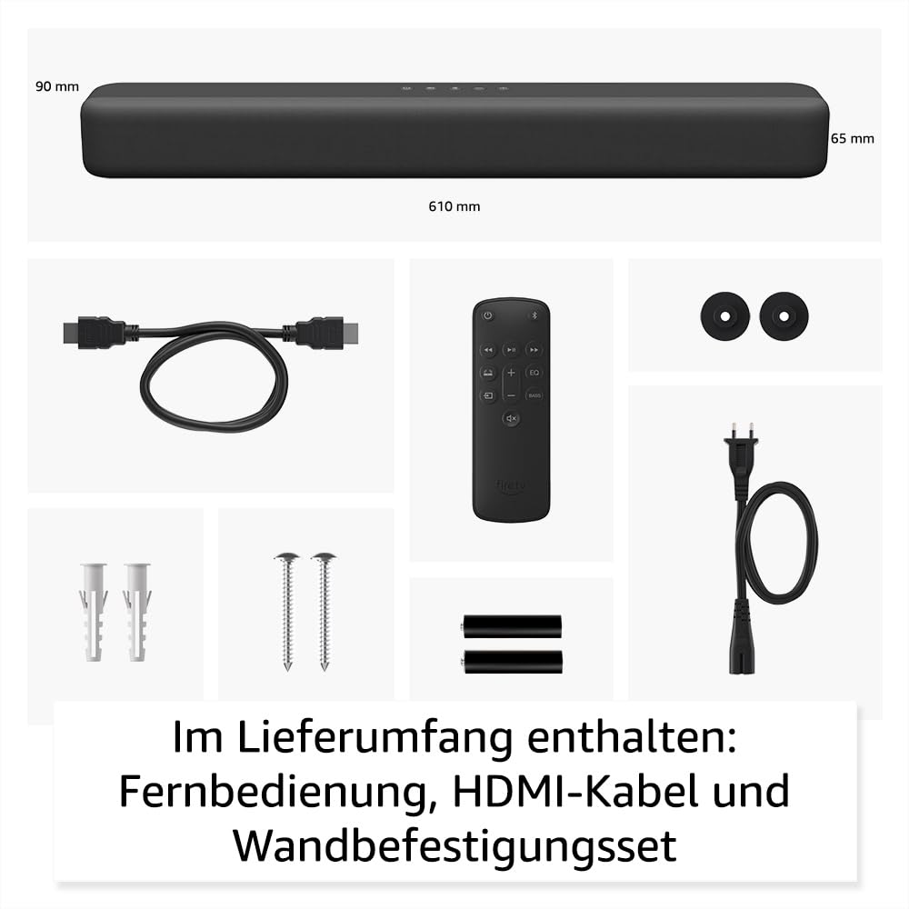 Lieferumfang: Soundbar, Fernbedienung, HDMI-Kabel, Stromkabel, Wandhalterung und Schrauben.