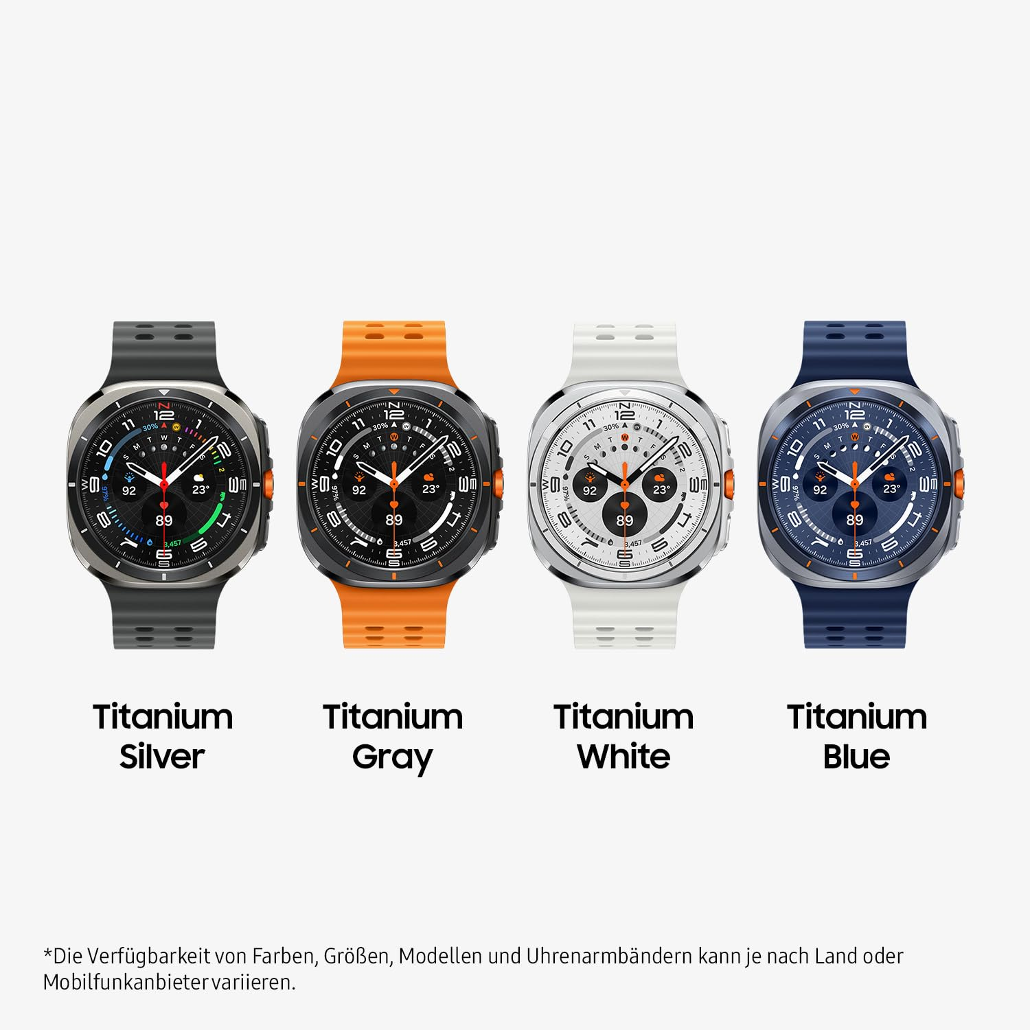 Quattro smartwatch con cinturini di diversi colori, etichettati Titanium Silver, Gray, White e Blue.