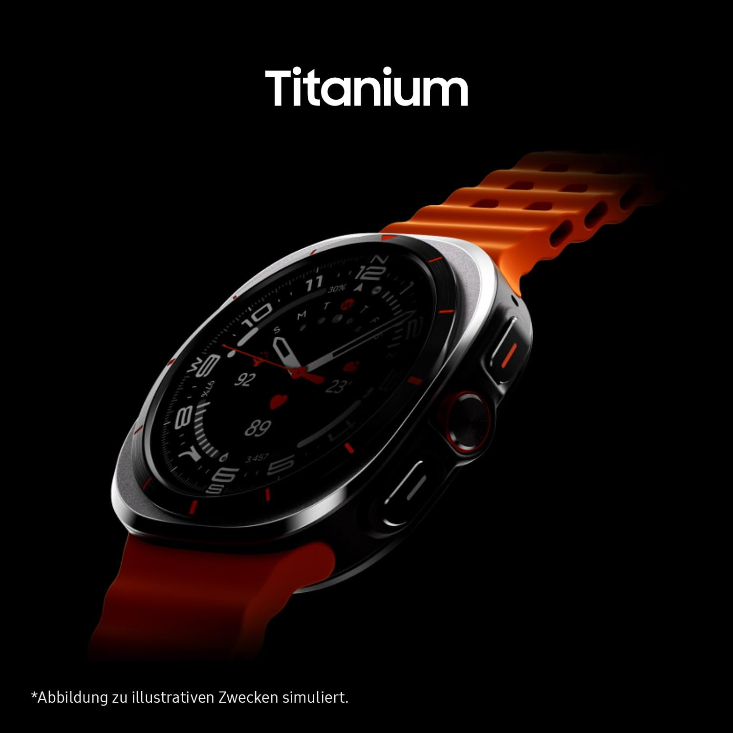 Smartwatch in titanio con quadrante nero e cinturino in silicone arancione su sfondo nero.