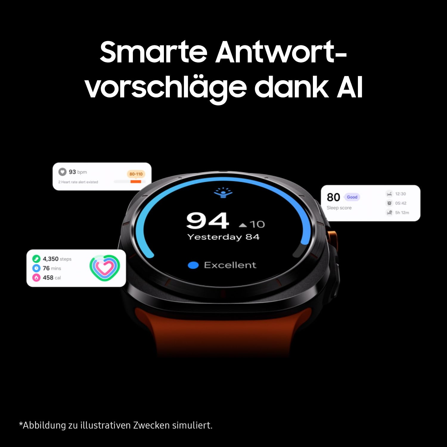 Uno smartwatch mostra dati sulla salute con schede fluttuanti su sfondo scuro.