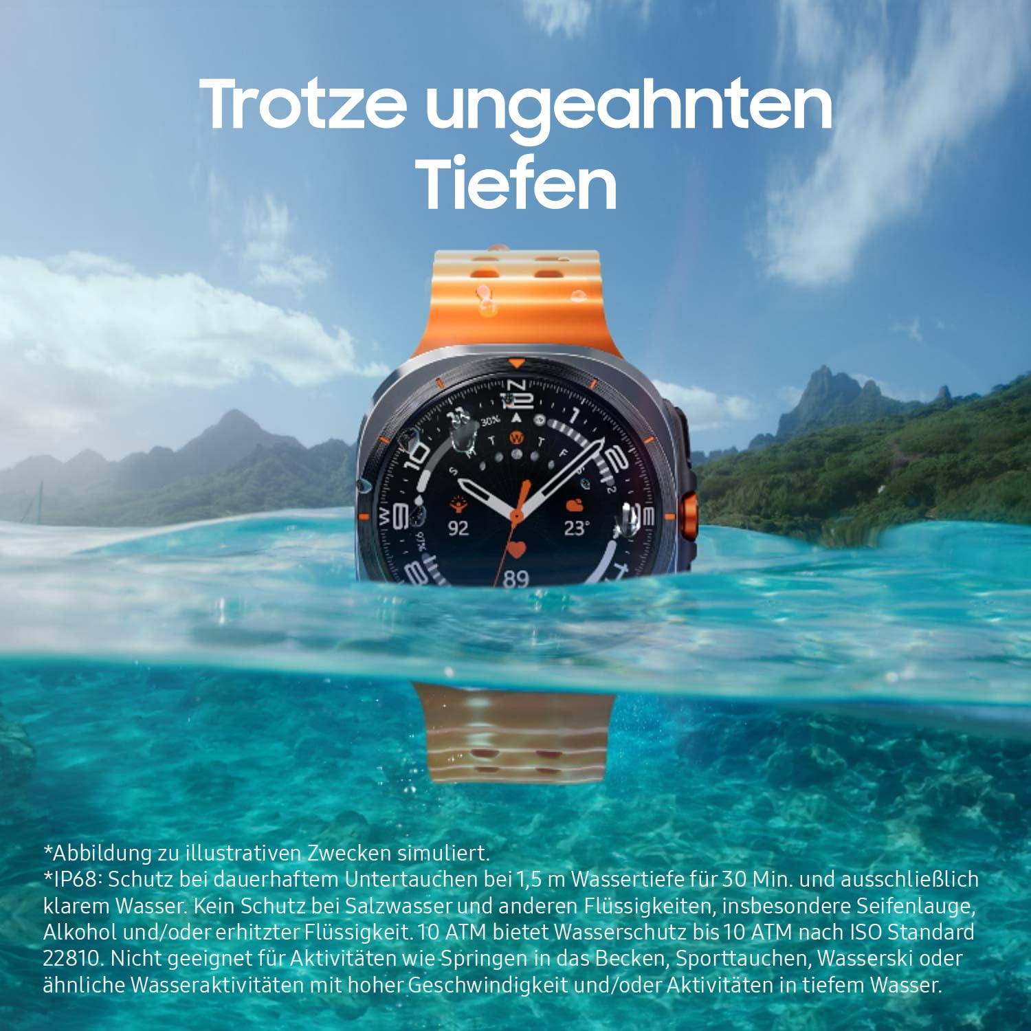Uno smartwatch arancione parzialmente sommerso in acqua tropicale limpida, con montagne e cielo sullo sfondo.