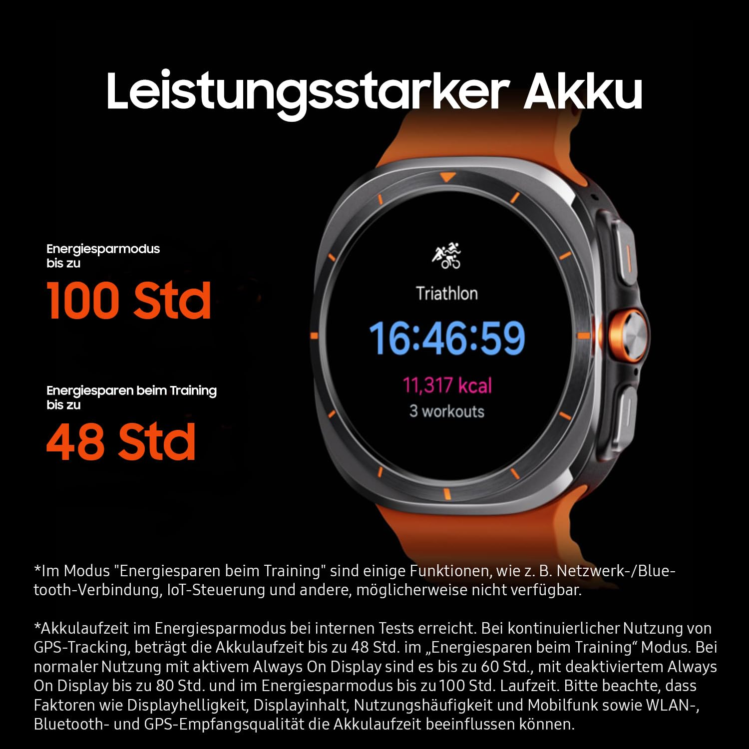 Smartwatch con cinturino arancione mostra modalità triathlon, ora e calorie su sfondo nero con testo.
