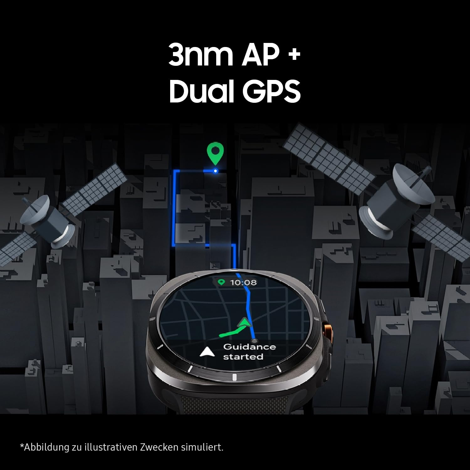 Smartwatch con navigazione GPS davanti a un paesaggio urbano grigio e due satelliti.