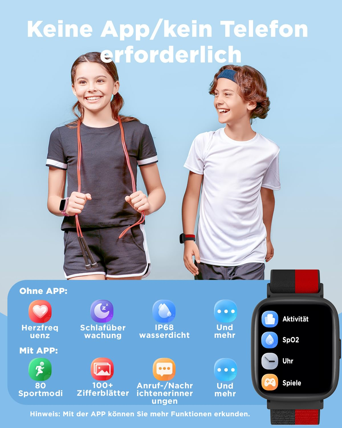 Zwei lächelnde Kinder in Sportkleidung vor blauem Hintergrund neben einer Smartwatch-Grafik mit Funktionssymbolen.