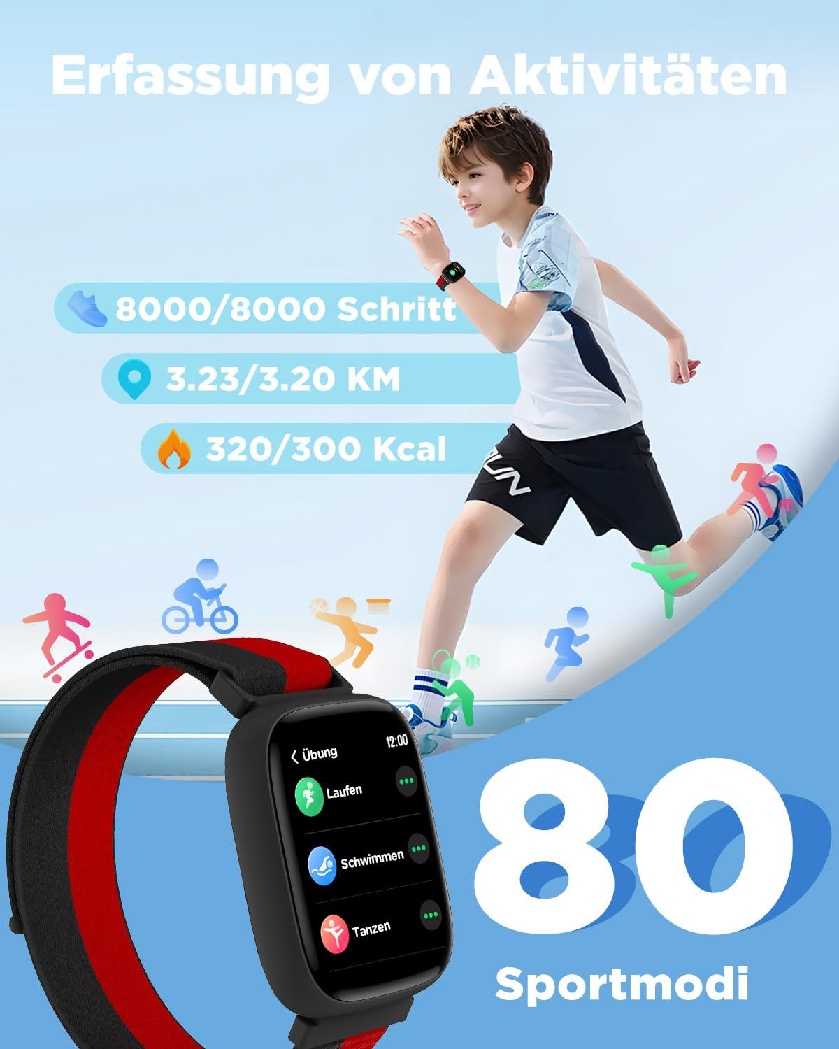 Ein Junge läuft, im Vordergrund ist eine Smartwatch mit Sportmodi abgebildet.