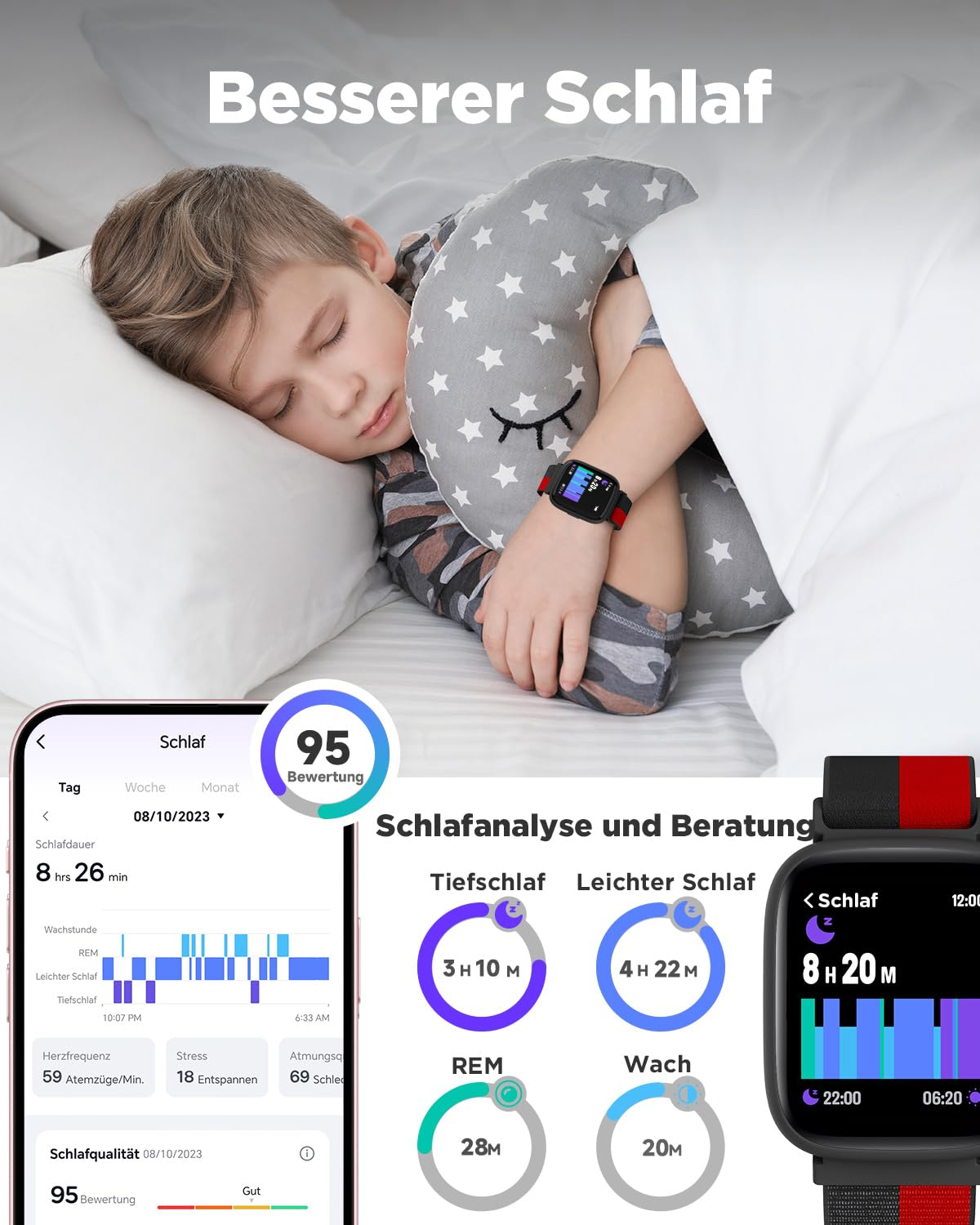Kind schläft im Bett mit Kissen; Smartphone und Smartwatch zeigen Schlafdaten.
