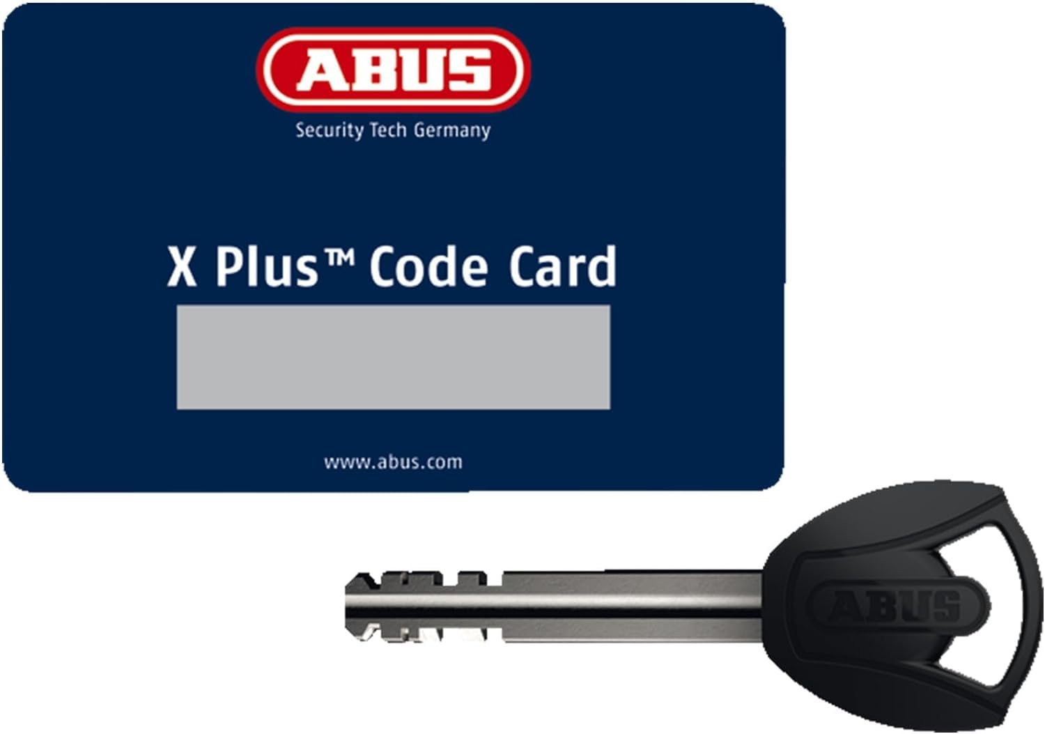 Une carte de code Abus X Plus bleue et une clé Abus noire sur fond blanc.