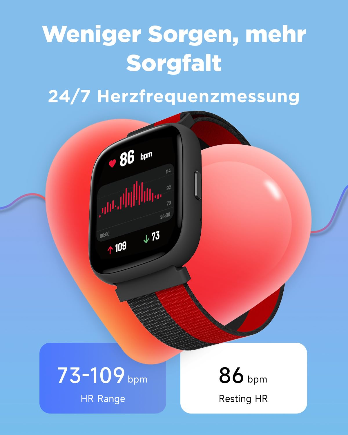 Eine Smartwatch zeigt 86 bpm und eine rote Herzfrequenzkurve vor einem stilisierten roten Herzen.