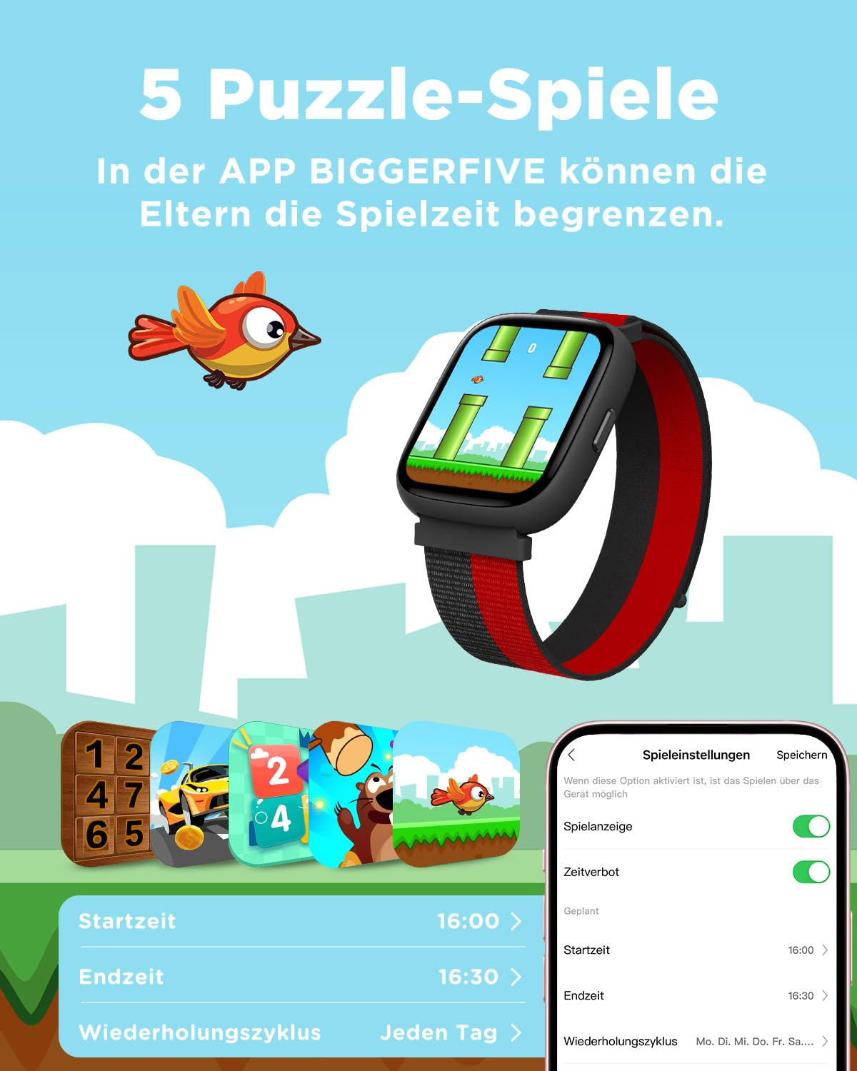 Eine Smartwatch zeigt Puzzlespiele und App-Einstellungen zur Spielzeitbegrenzung auf blauem Hintergrund.