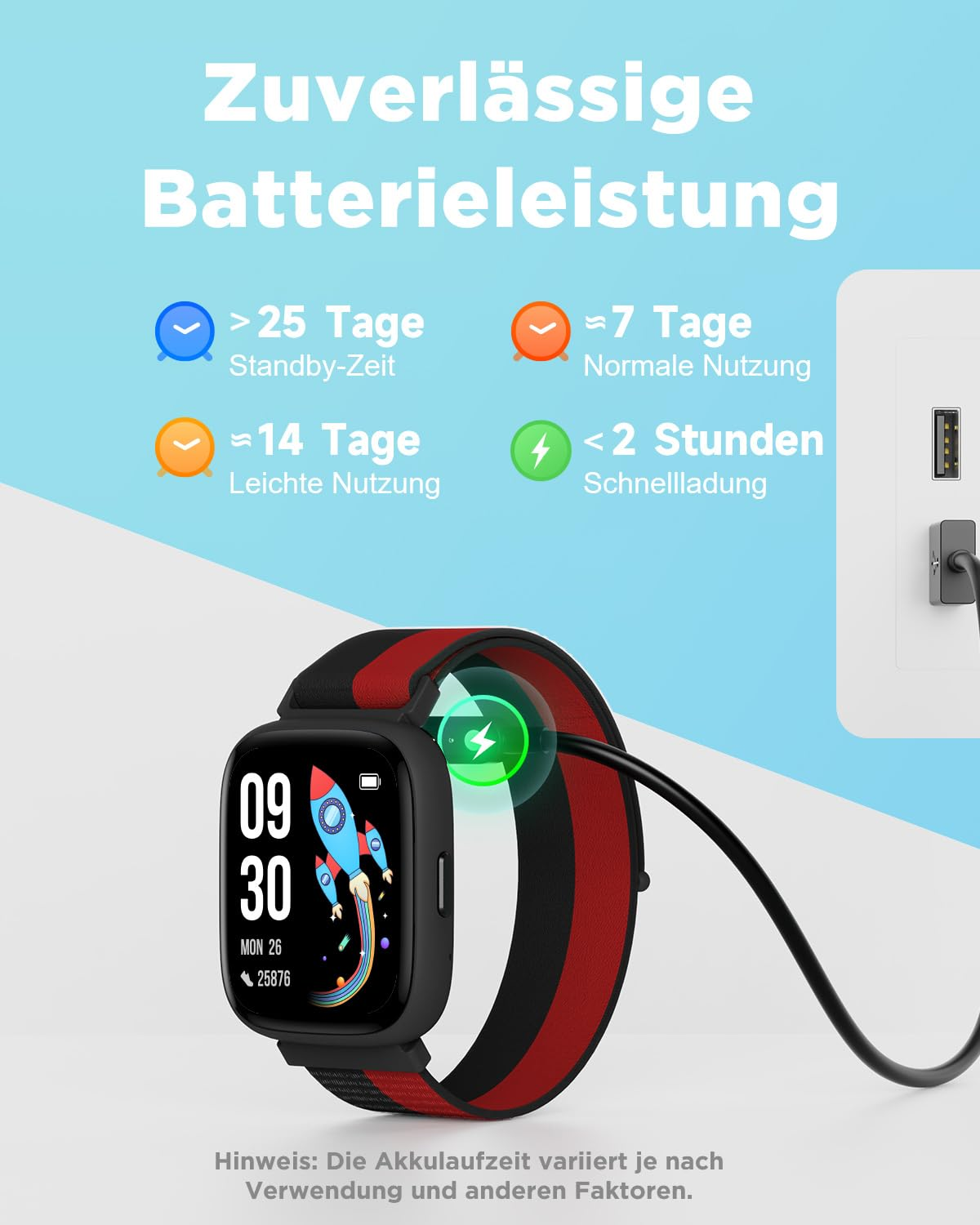 Smartwatch mit rotem und schwarzem Armband wird aufgeladen, mit Text zu Akkulaufzeiten auf blauem Hintergrund.