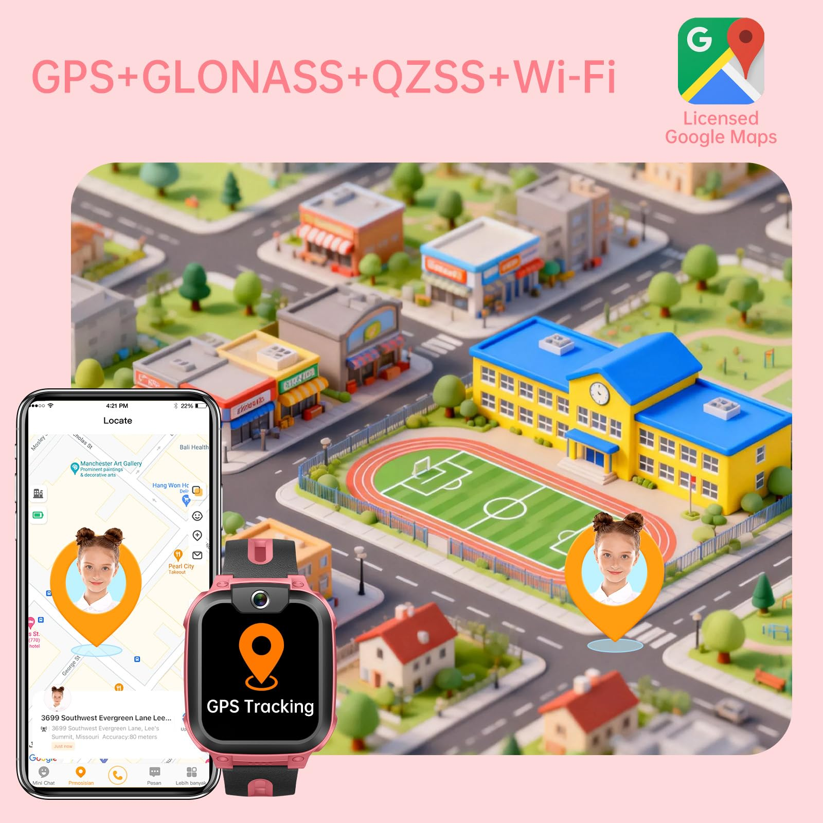 Eine Smartwatch und ein Smartphone zeigen GPS-Tracking über einer bunten 3D-Stadtkarte mit Schule und Sportplatz.