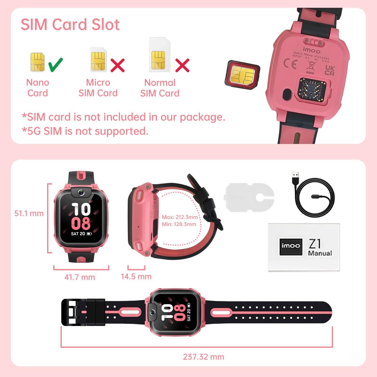 Infografik zeigt rosa Kinder-Smartwatch mit Maßen, SIM-Karten-Slot und Zubehör.