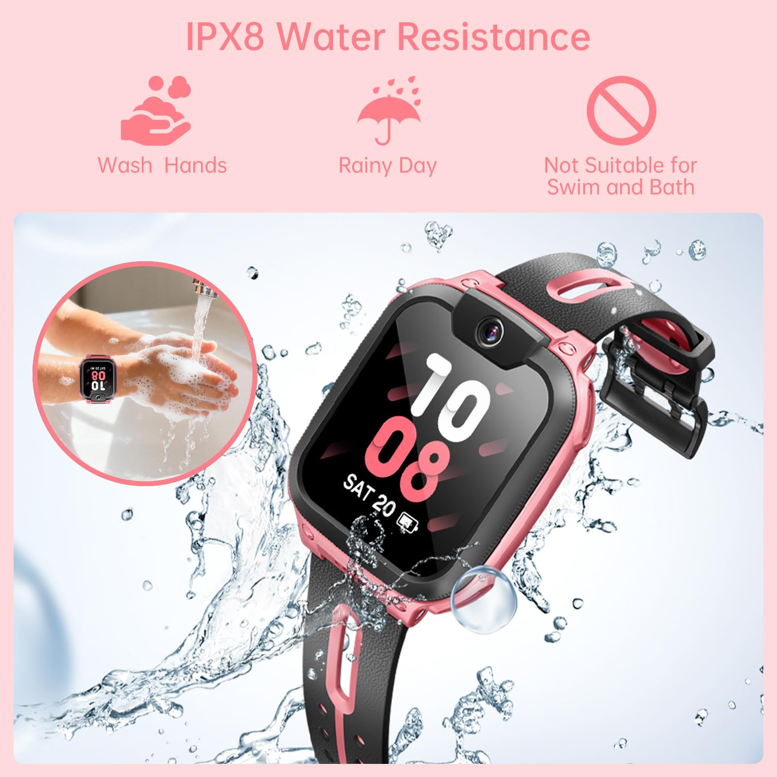 Rosa und schwarze Kindersmartwatch umgeben von Wasserspritzern, zeigt IPX8-Wasserbeständigkeit.