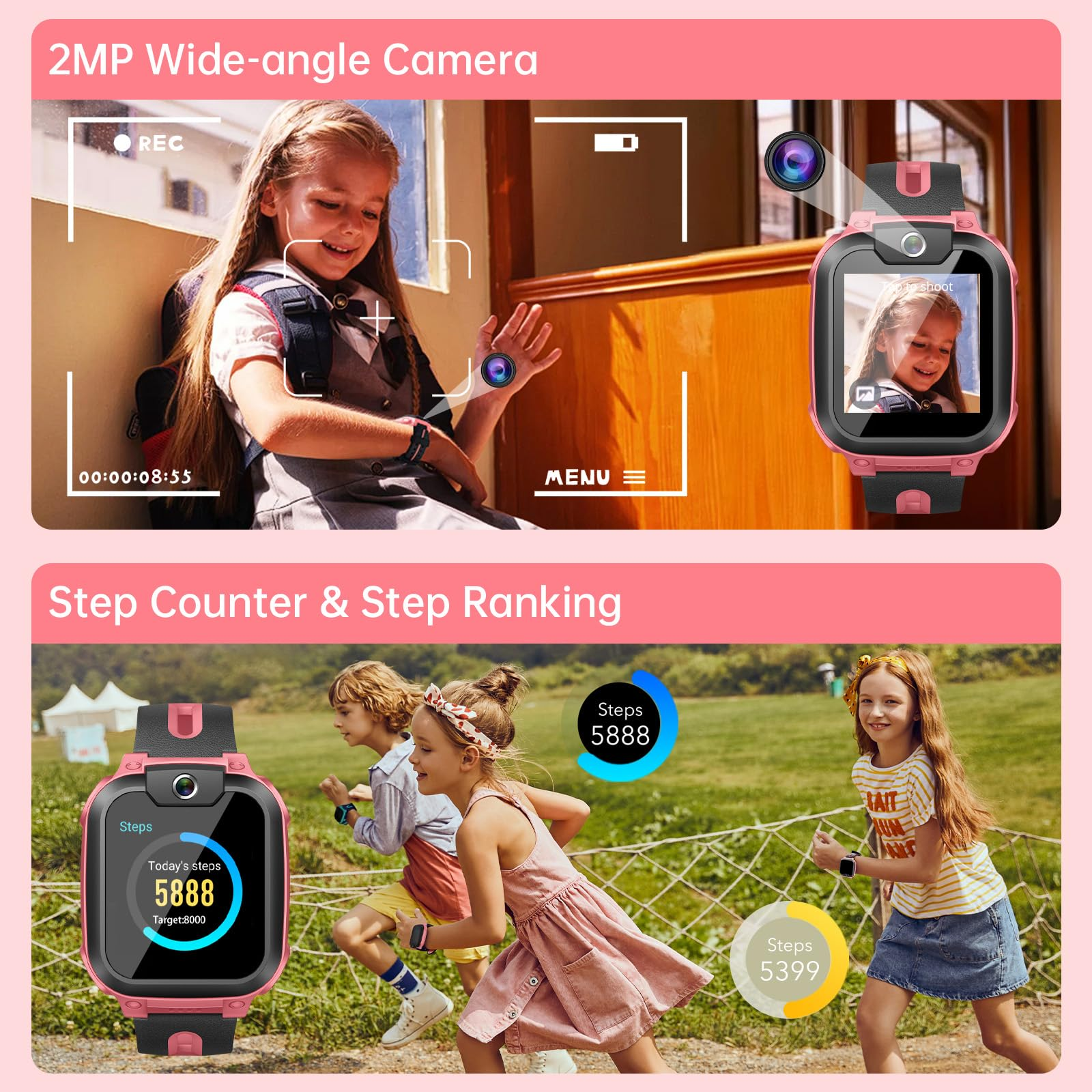 Ein Werbebild für eine Kinder-Smartwatch mit Kamera und Schrittzähler, gezeigt bei spielenden Kindern.