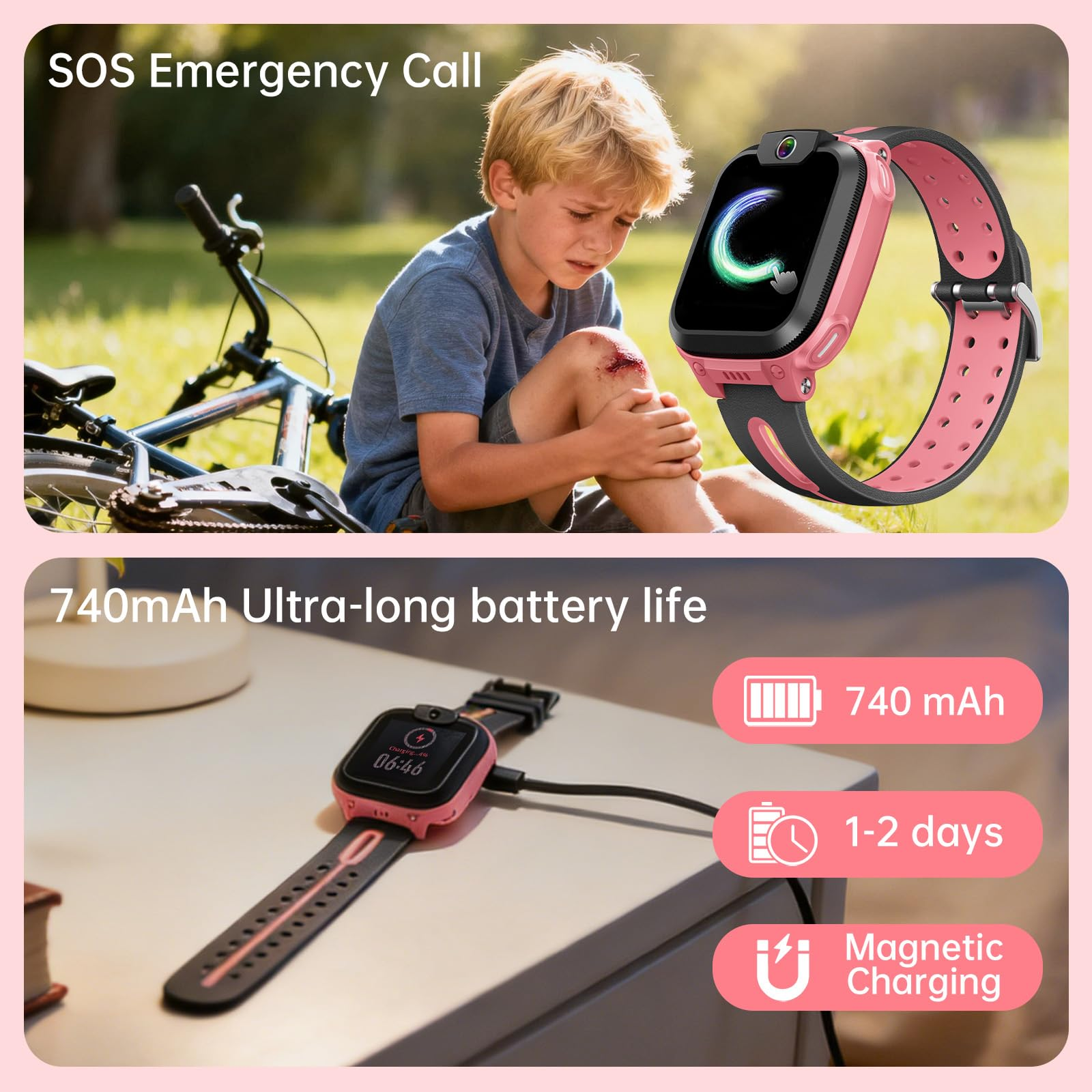 Ein weinendes Kind mit Knieverletzung neben einem Fahrrad und eine Smartwatch mit SOS-Funktion.