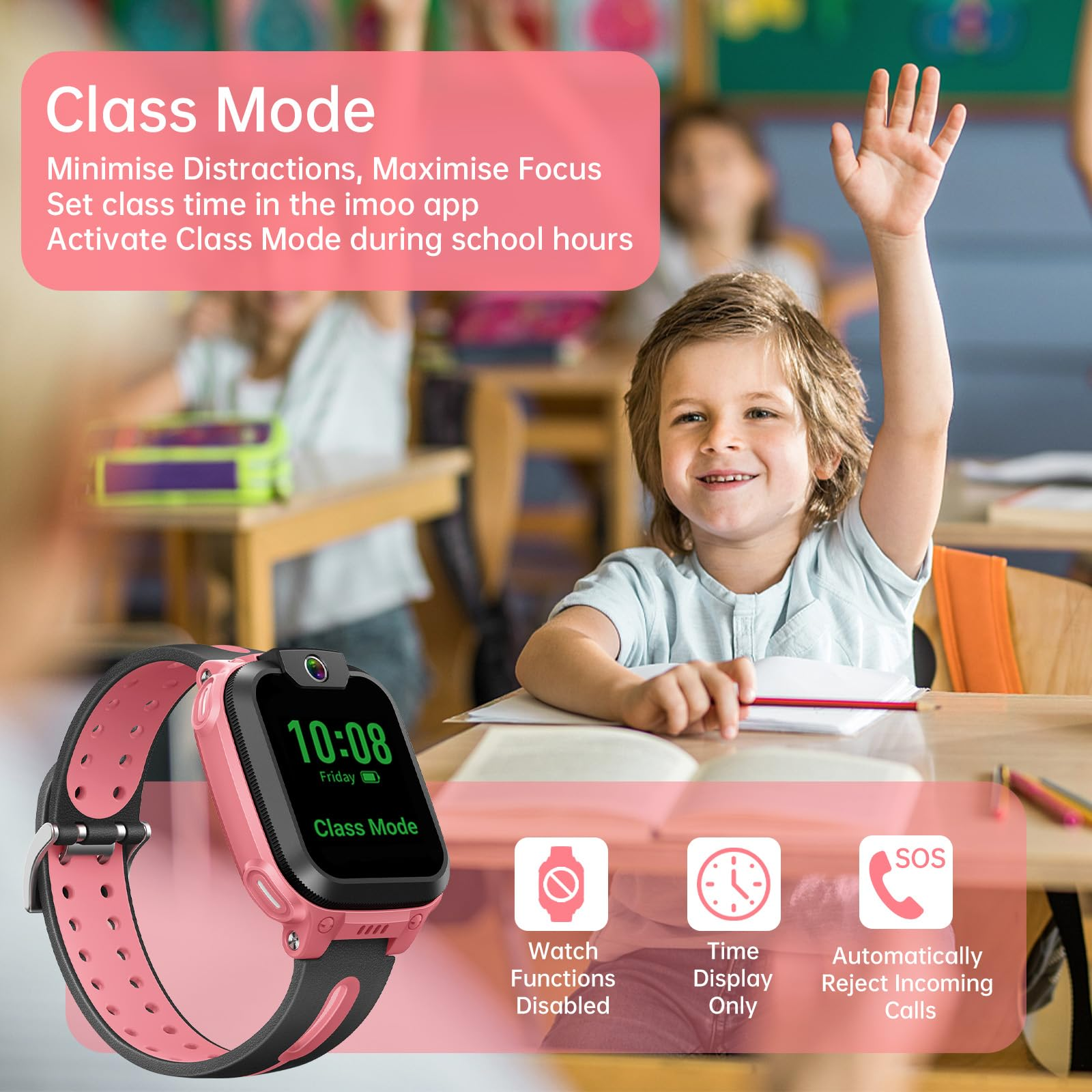 Ein Kind hebt in der Schule die Hand, im Vordergrund ist eine rosafarbene Smartwatch zu sehen.