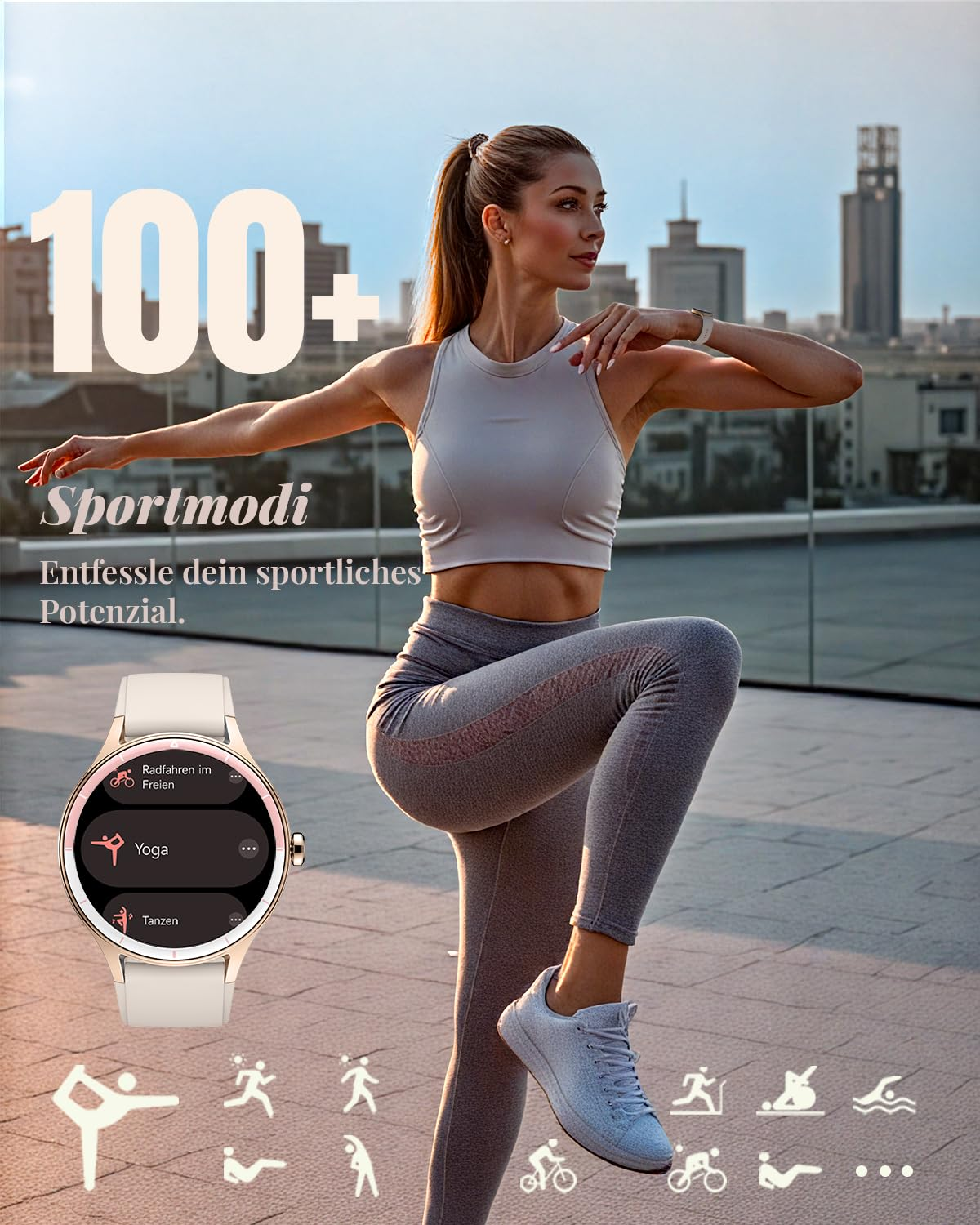 Une femme en tenue de sport fait du yoga sur un toit-terrasse, avec une montre connectée au premier plan.