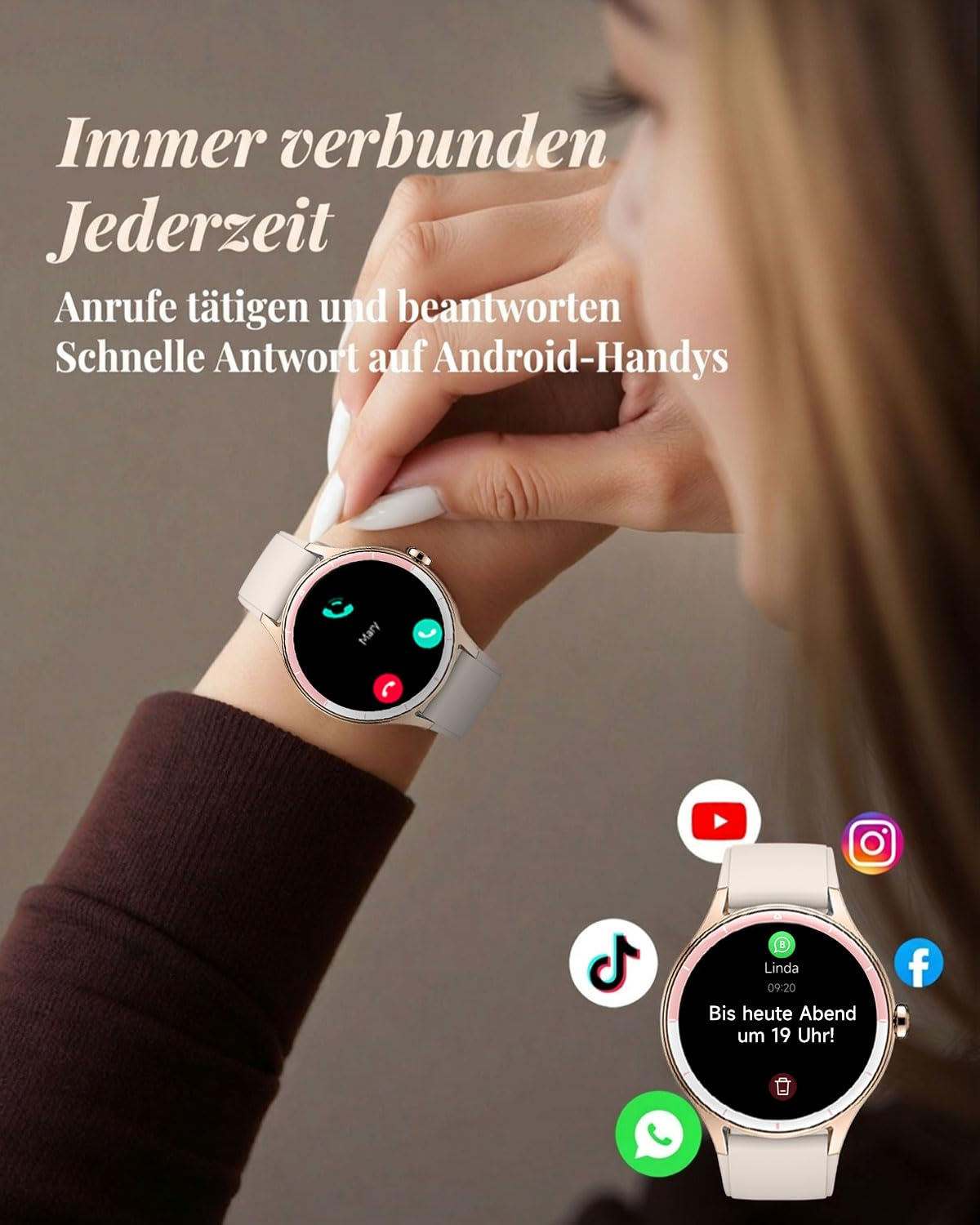 Une femme porte une montre connectée blanche, avec du texte et des icônes.
