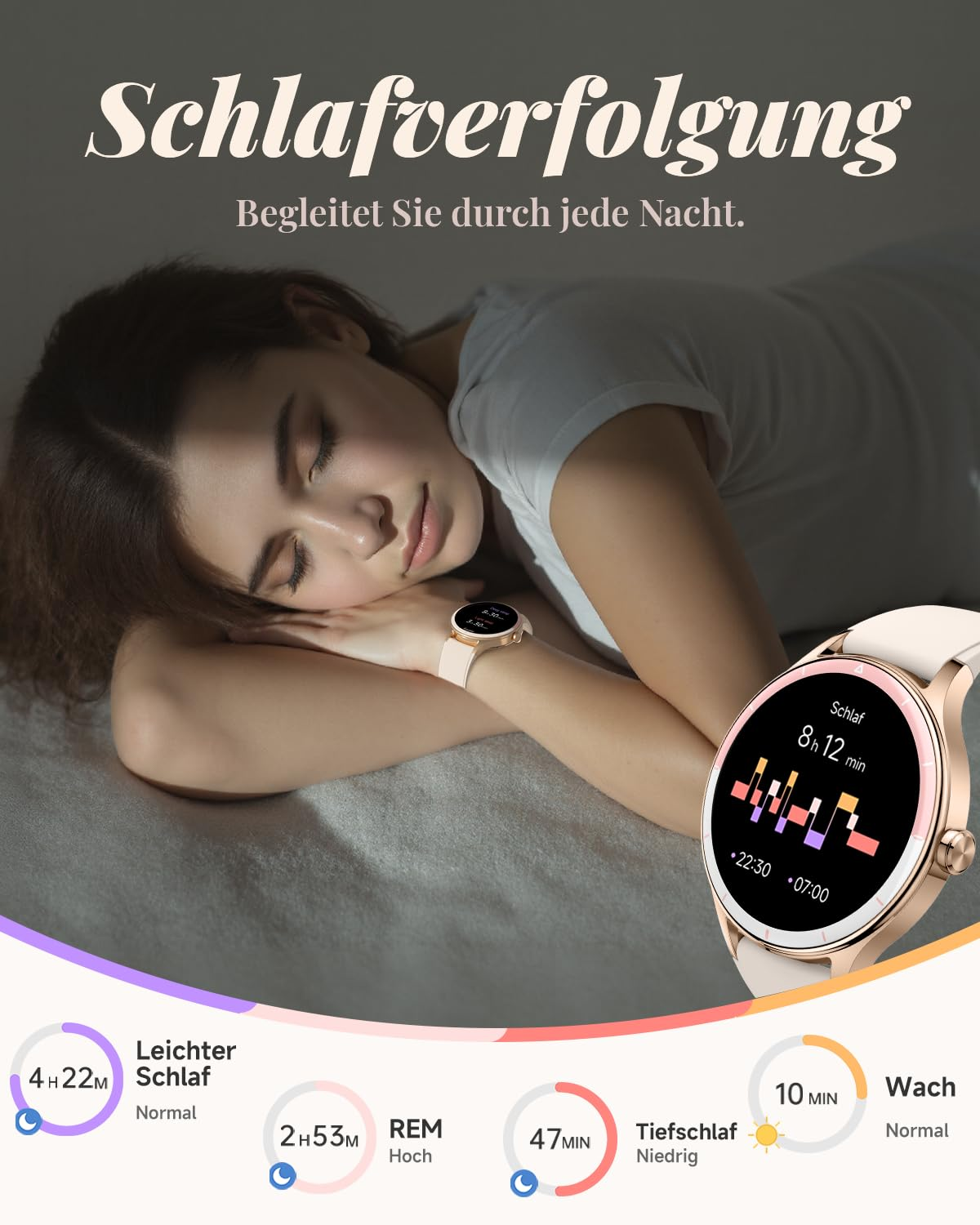 Une femme dormant paisiblement avec une montre connectée en or rose affichant les données de sommeil.