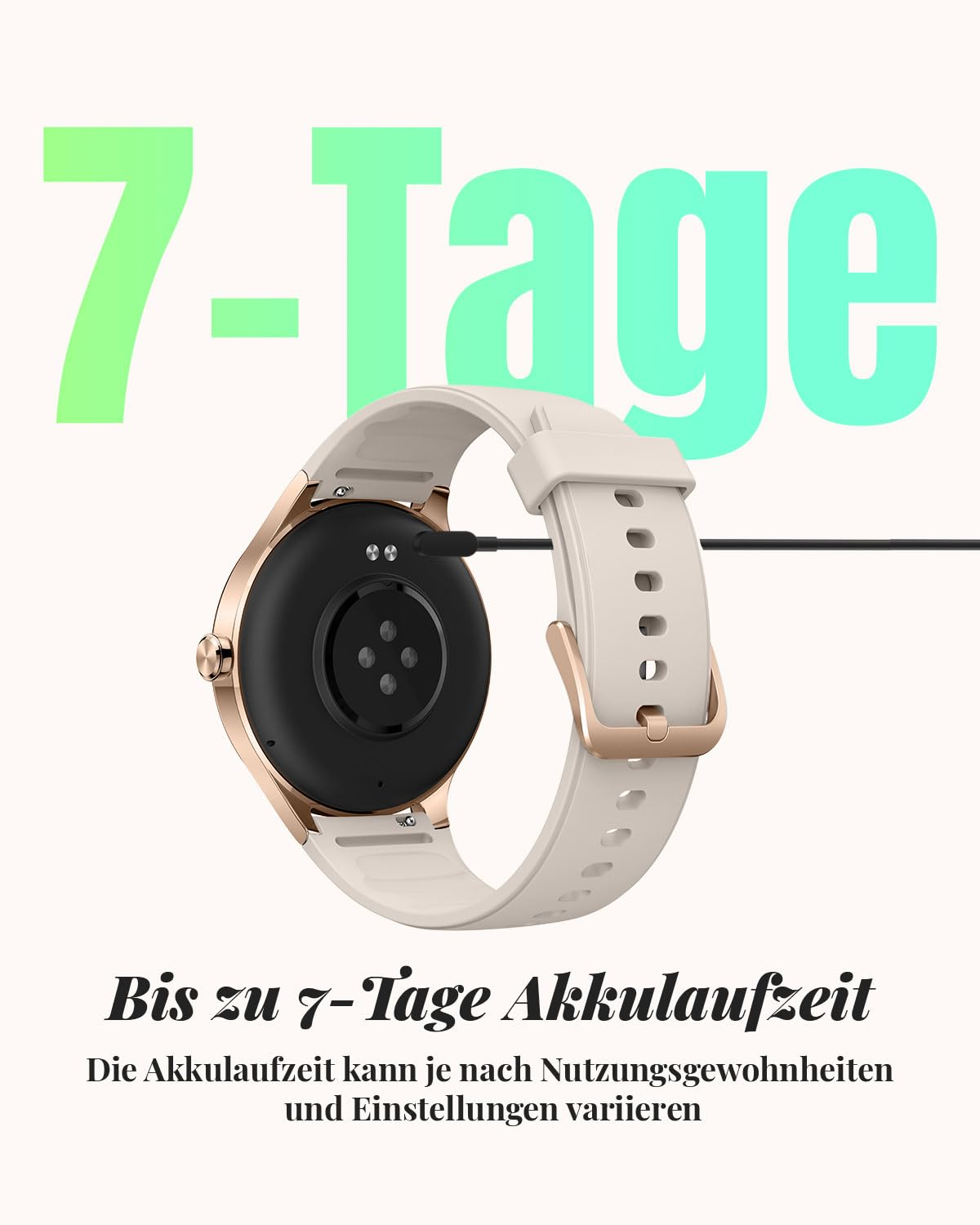 Une montre connectée or rose avec un bracelet en silicone clair est chargée par l'arrière, texte devant.