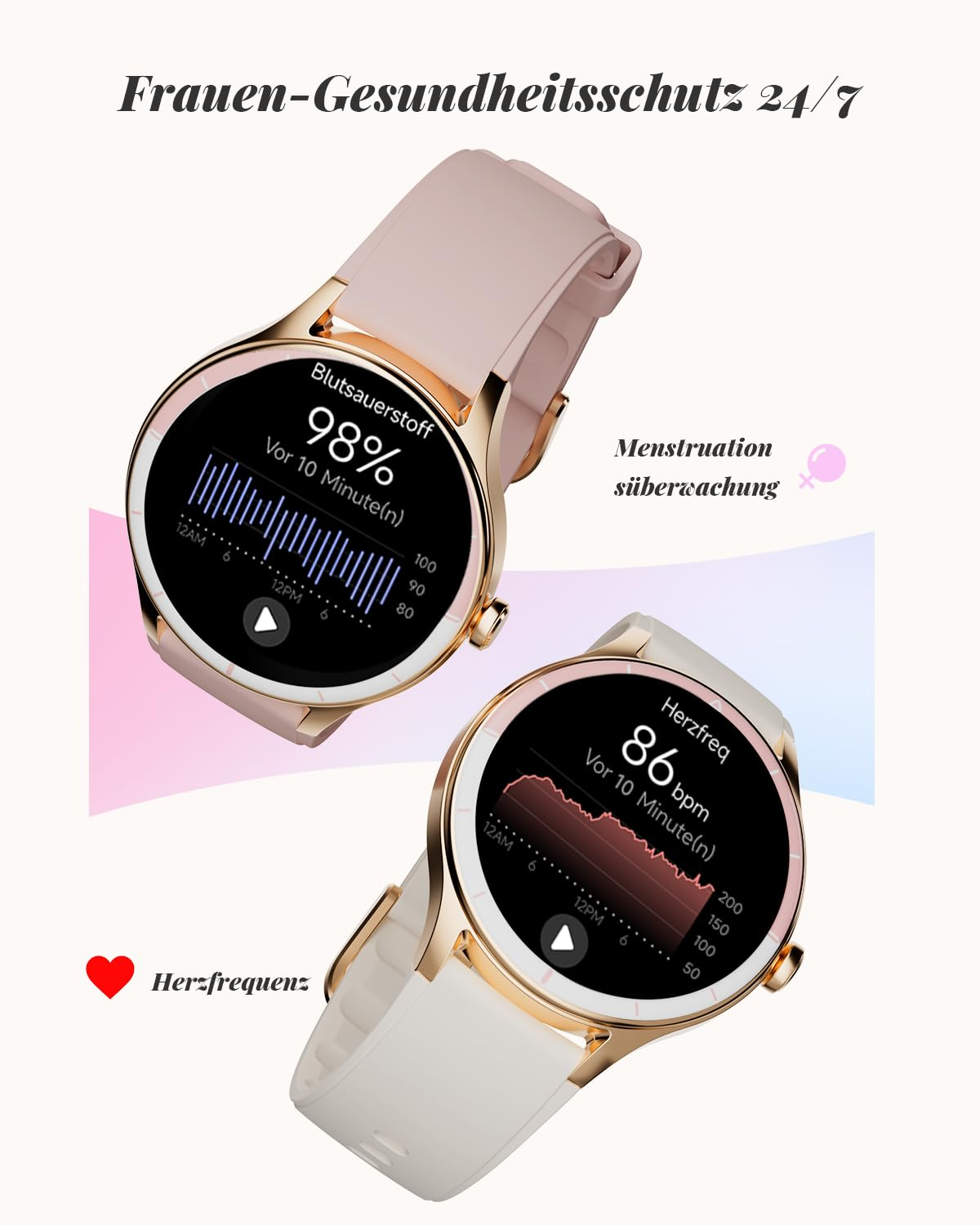 Deux montres connectées avec des bracelets rose et blanc affichent des données de santé comme l'oxygène sanguin.