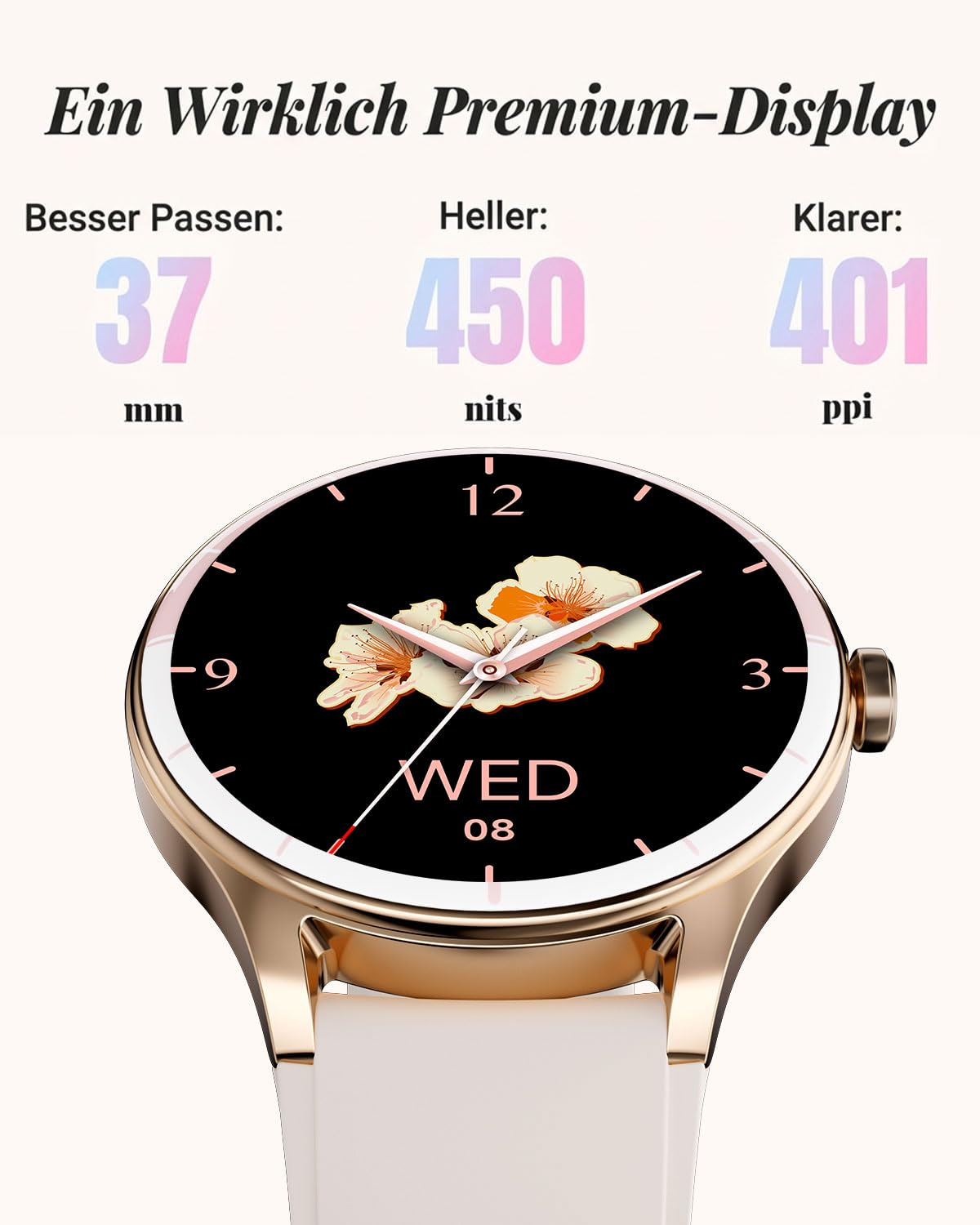 Une montre connectée or rose avec un bracelet blanc et un cadran floral, avec des spécifications au-dessus.