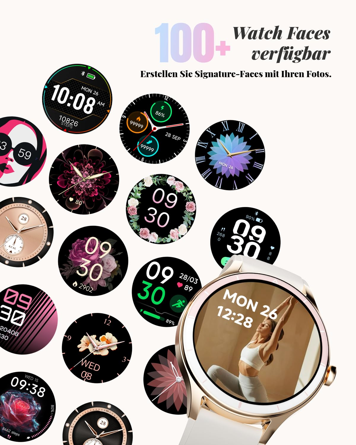 Affichage de divers cadrans de montre connectée colorés flottant autour d'une montre or rose.