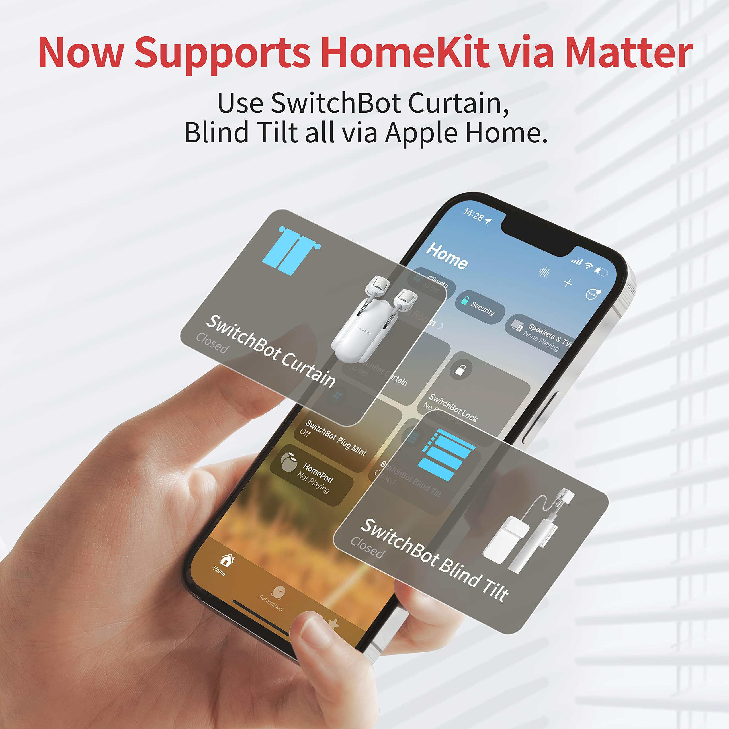 Smartphone affiche l'application Apple Home avec SwitchBot Curtain et Blind Tilt.