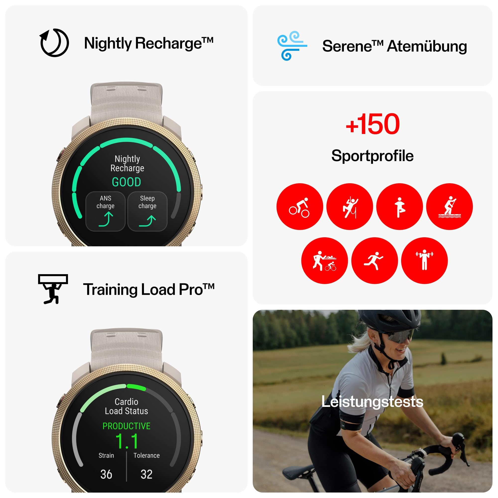 Fitnessuhr-Funktionen mit Schlafanalyse, Trainingslast, Atemübung, Sportprofilen und einer Radfahrerin.