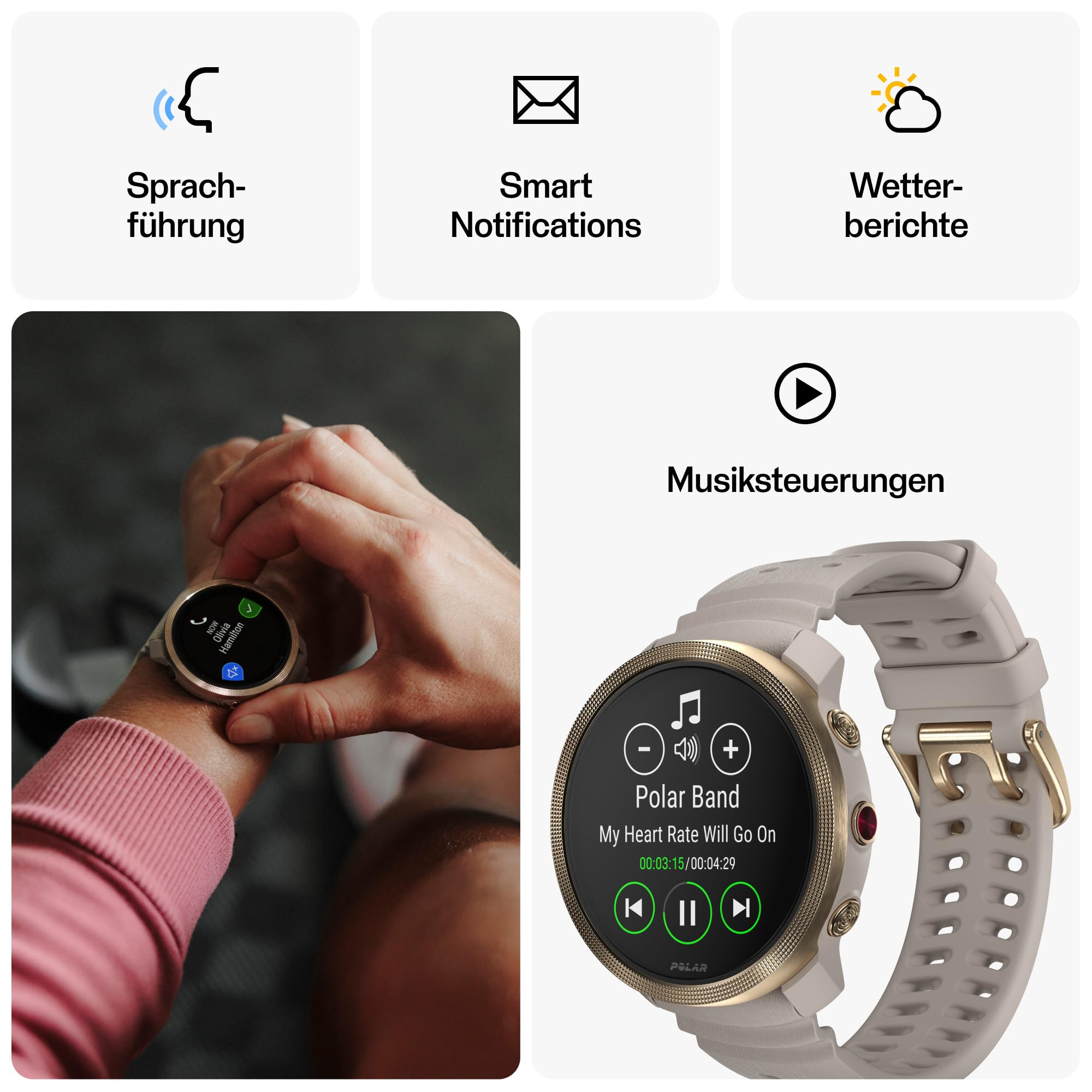 Smartwatch mit Sprachführung, Smart Notifications, Wetterberichten und Musiksteuerung auf verschiedenen Displays.