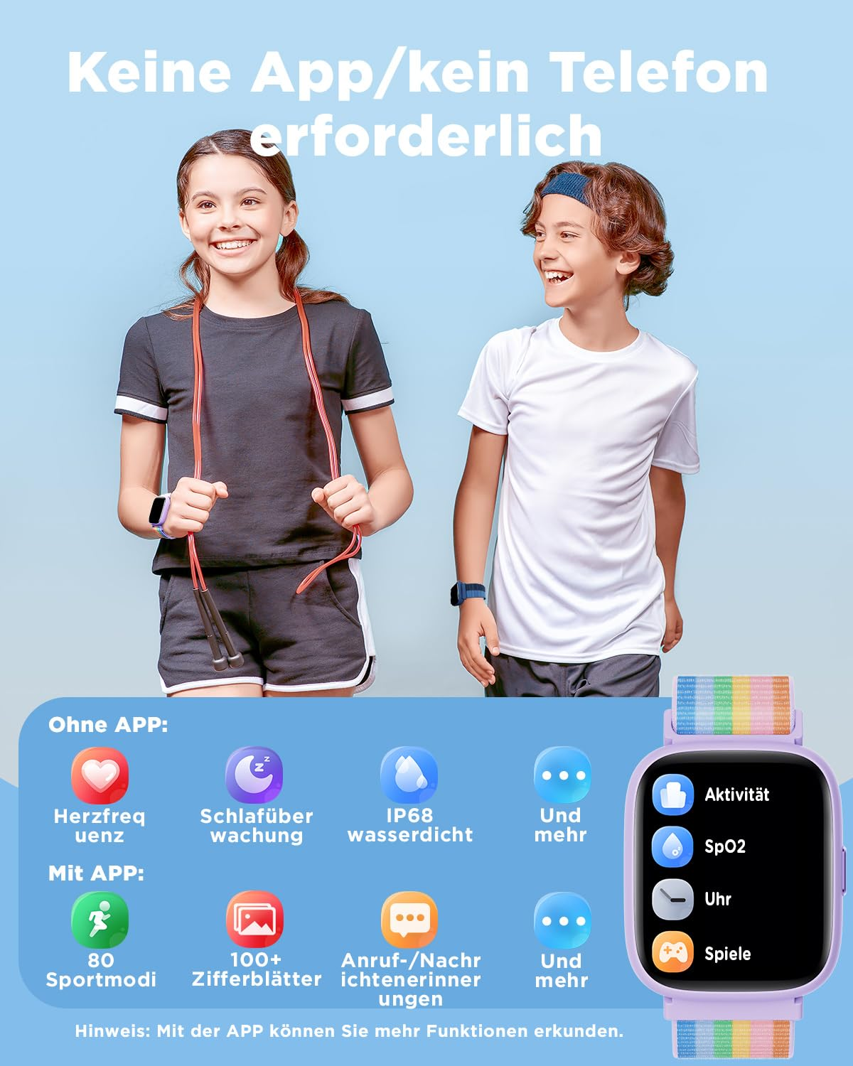 Deux enfants heureux en tenue de sport sur fond bleu et une montre connectée avec des icônes de fitness.