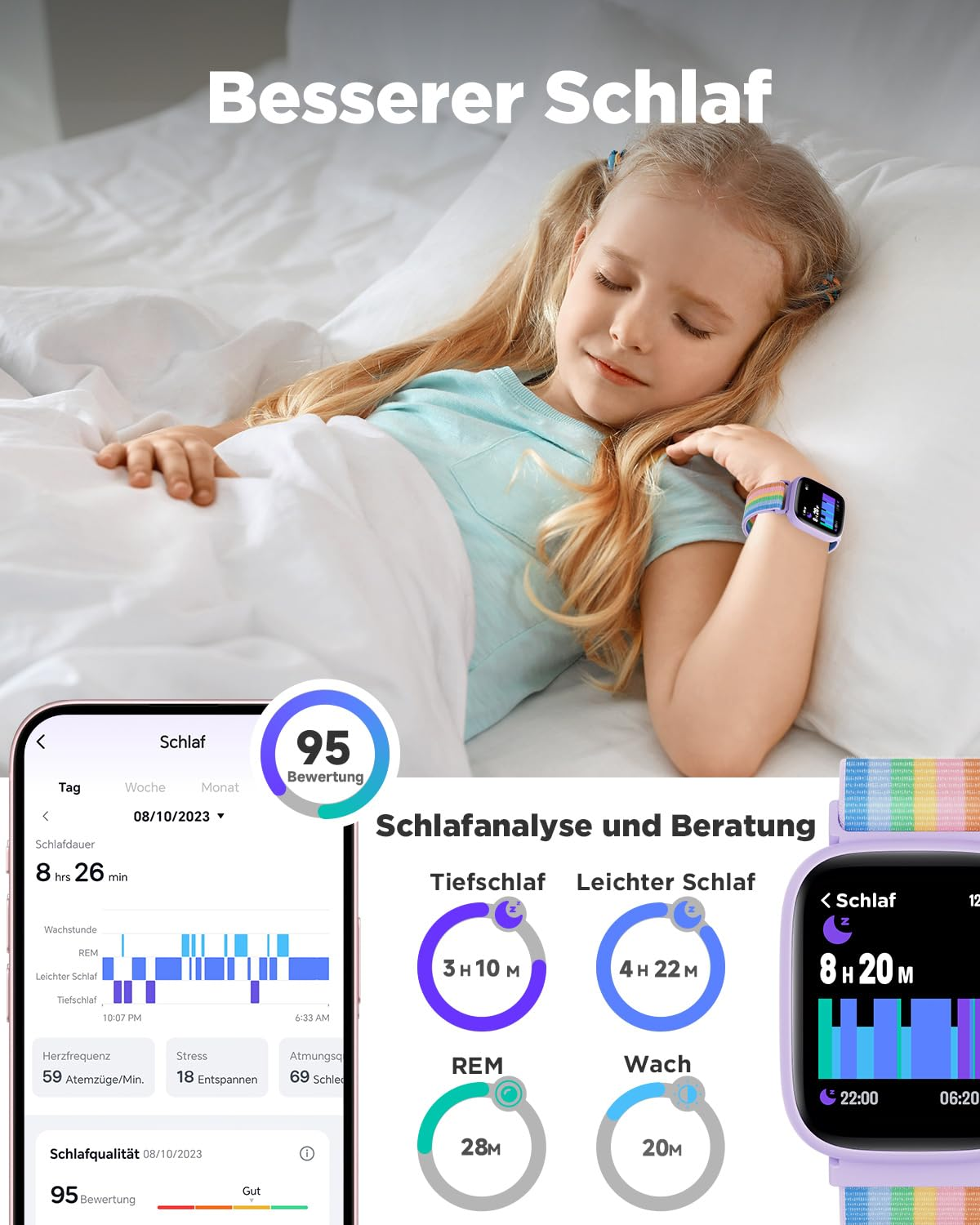 Une fille blonde dort au lit avec une montre connectée et une appli affichant le sommeil.