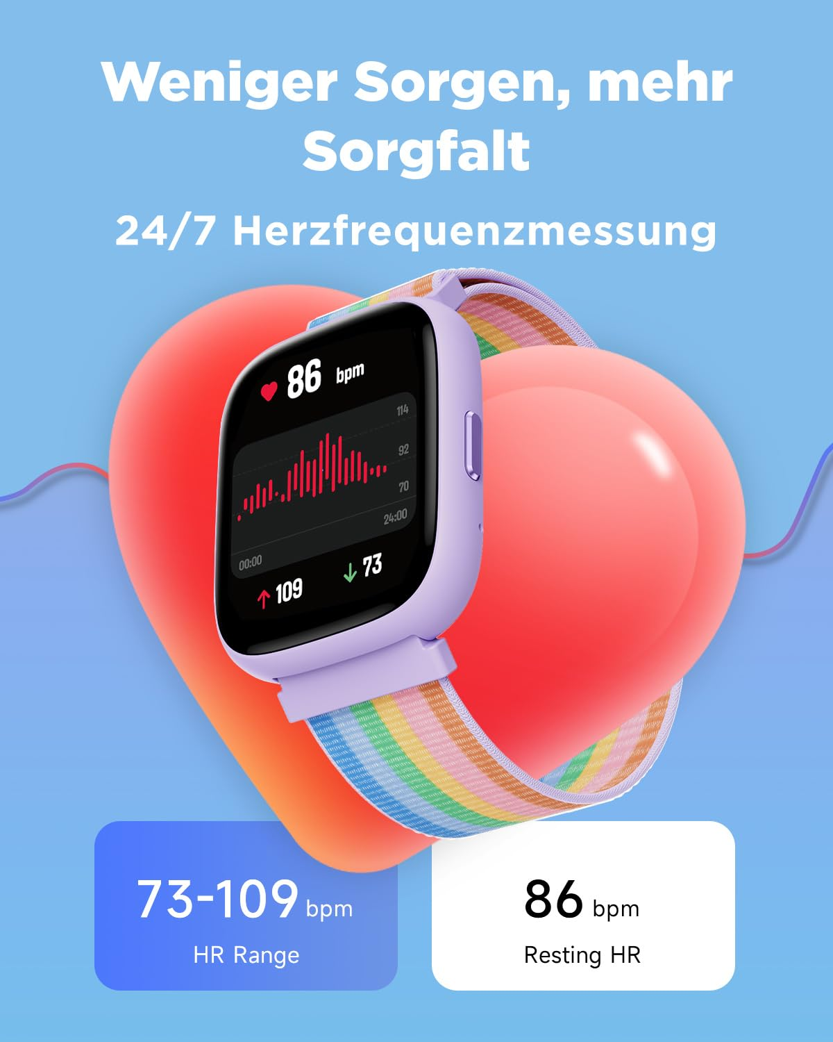Une montre connectée violette affiche une fréquence cardiaque de 86 bpm devant un cœur rouge et un fond bleu.
