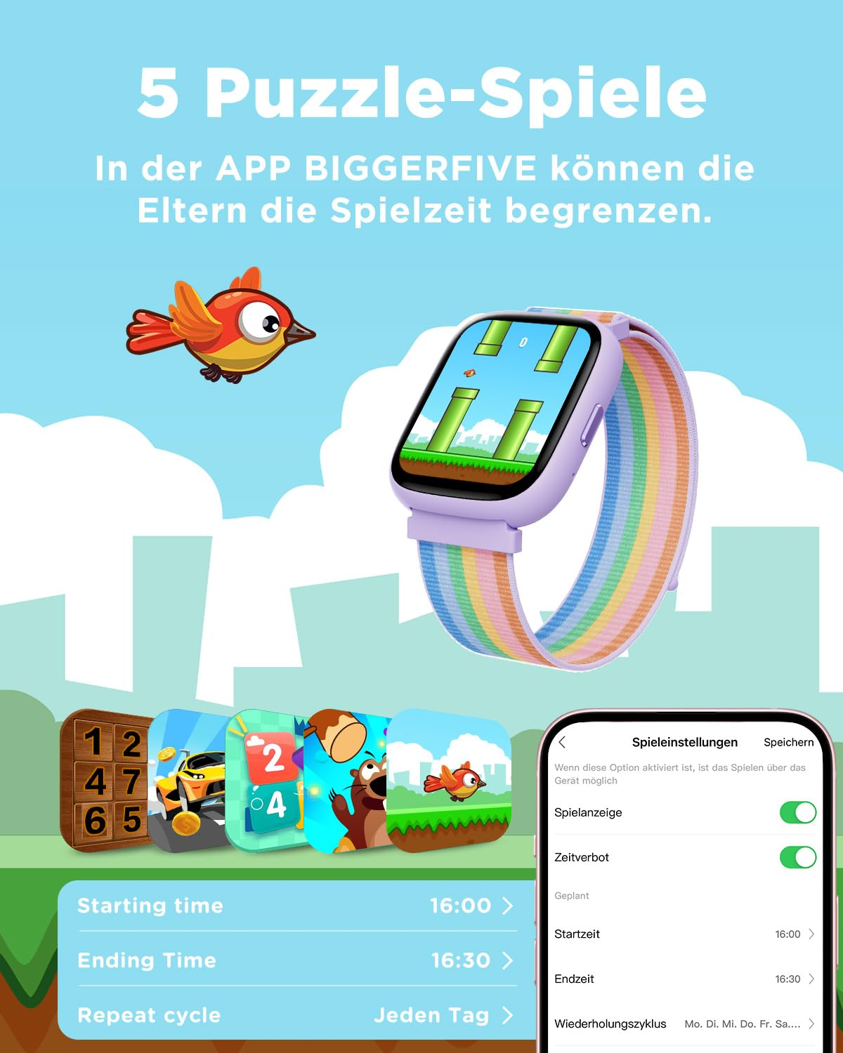 Montre connectée avec des applications colorées et des paramètres parentaux.