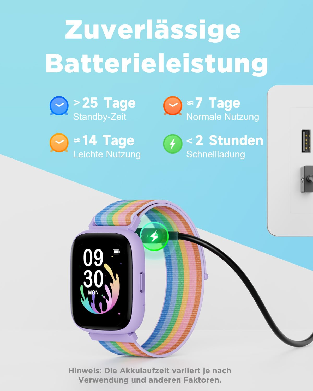 Montre connectée avec bracelet coloré en charge, avec infos sur l'autonomie sur fond bleu.
