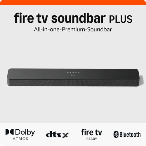 Fire TV Soundbar Plus avec les logos Dolby Atmos, DTS:X et Bluetooth sur fond clair.