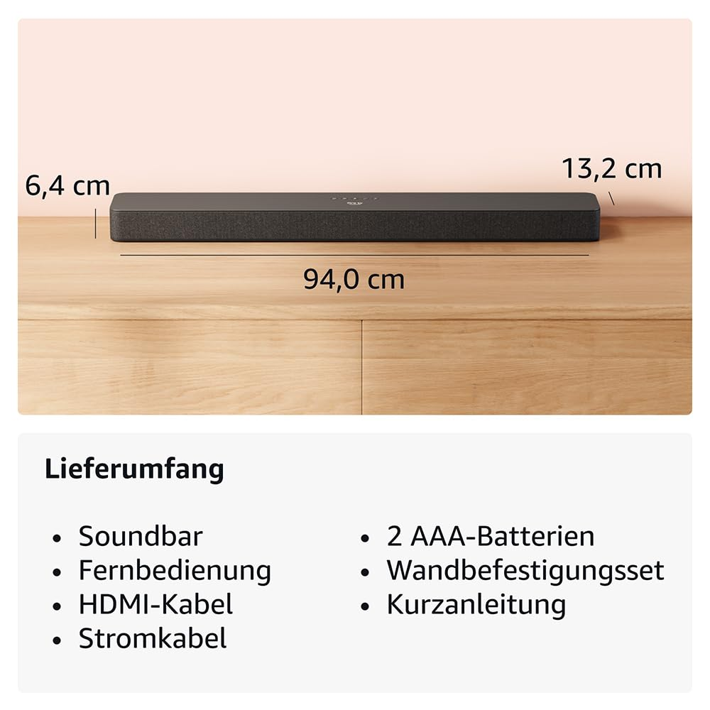 Barre de son noire sur meuble en bois avec dimensions et contenu inclus.