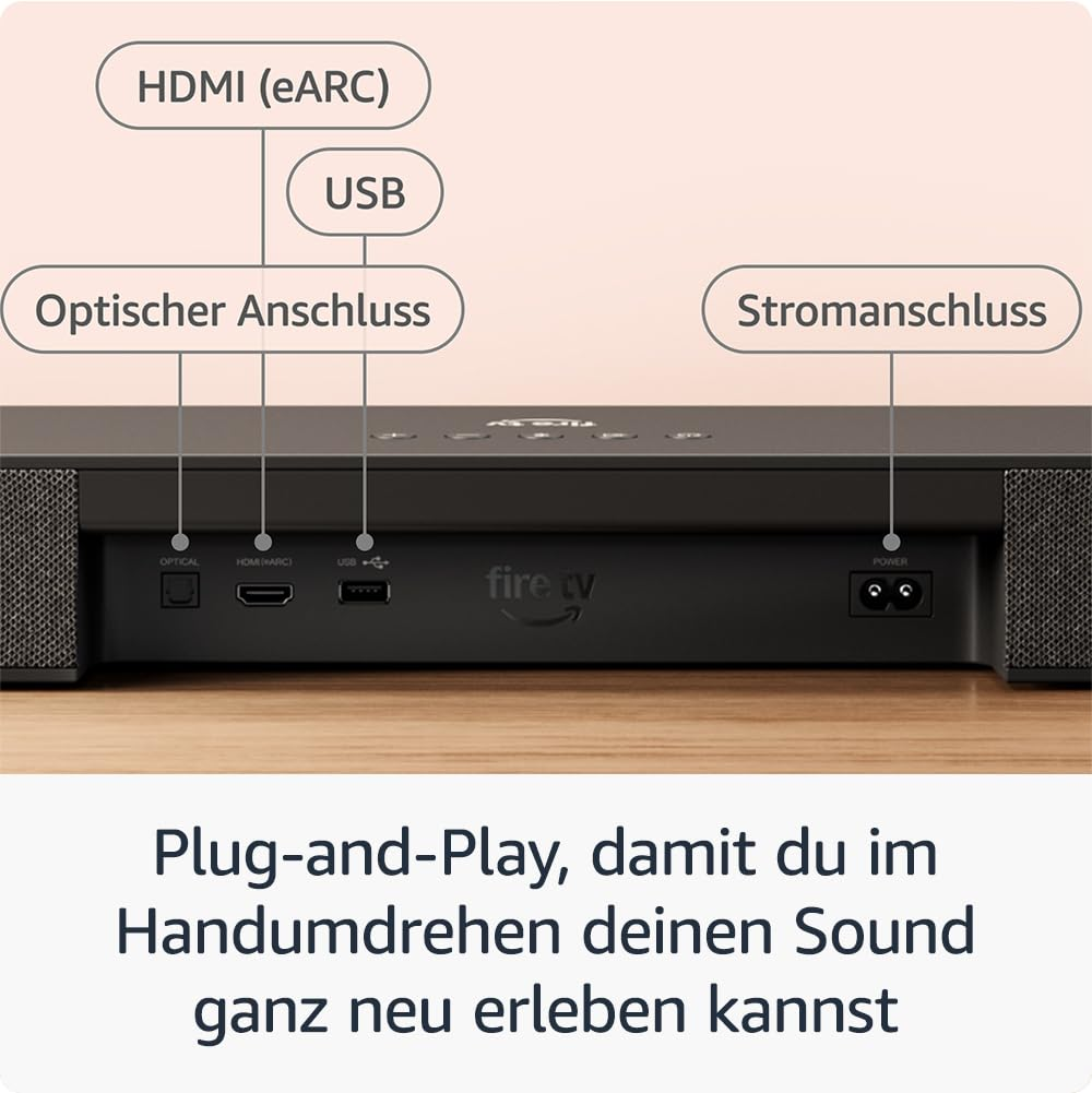 Vue arrière d'une barre de son Fire TV montrant les ports HDMI, USB, optique et d'alimentation.
