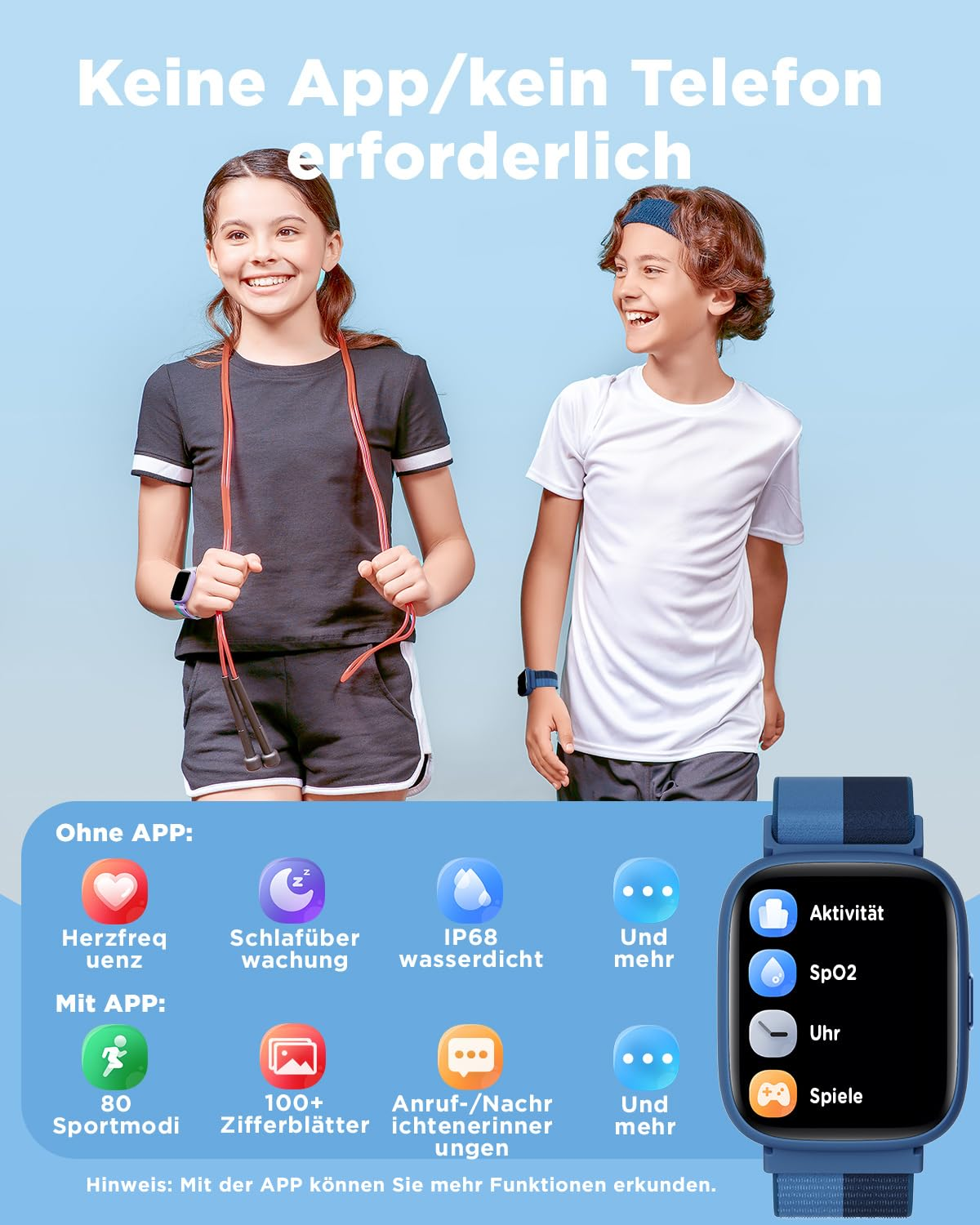 Due bambini sorridenti, testo in tedesco in alto e smartwatch in basso con frequenza cardiaca e IP68.
