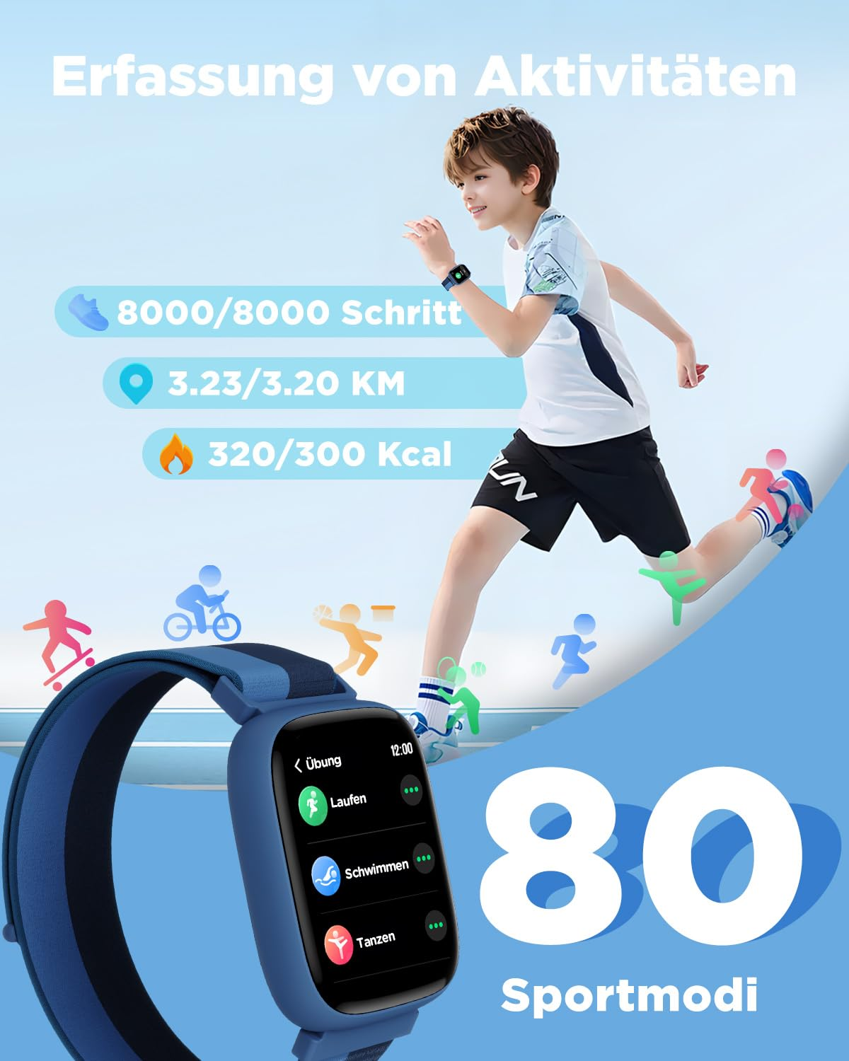 Un ragazzo corre con uno smartwatch blu che mostra modalità sportive e dati di attività.