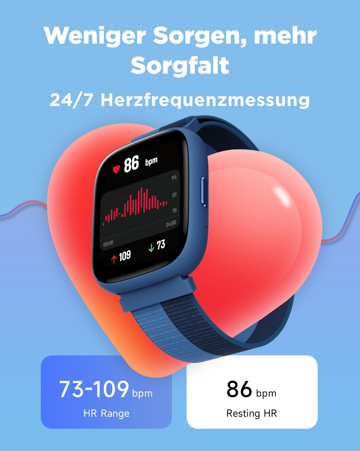 Smartwatch blu che mostra la frequenza cardiaca davanti a un cuore rosso su sfondo blu.