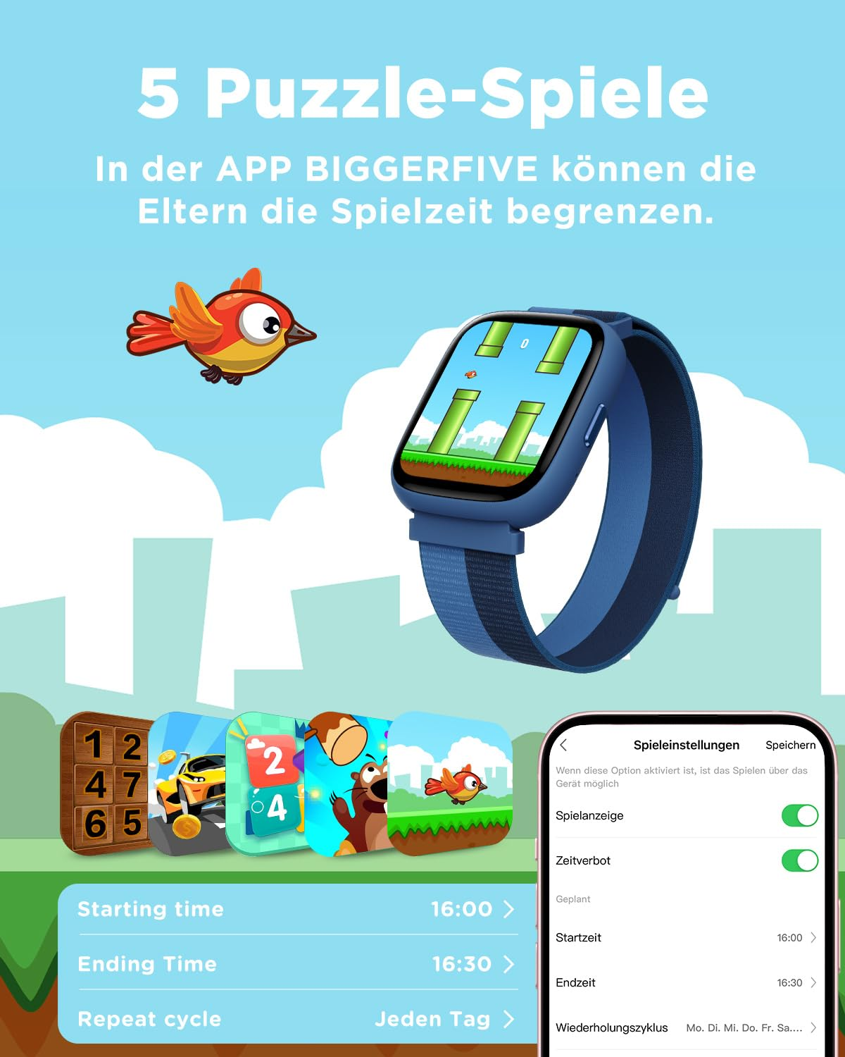 Smartwatch blu e interfaccia app con limiti di tempo e giochi puzzle.
