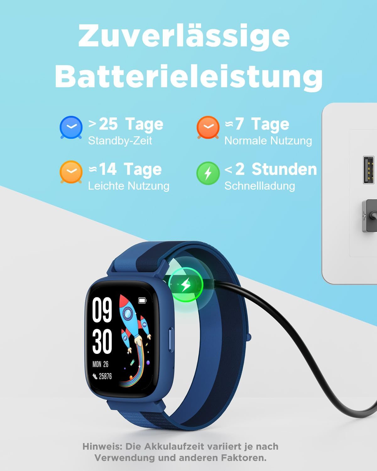Smartwatch blu mostra l'autonomia della batteria con 25 giorni in standby e ricarica rapida.