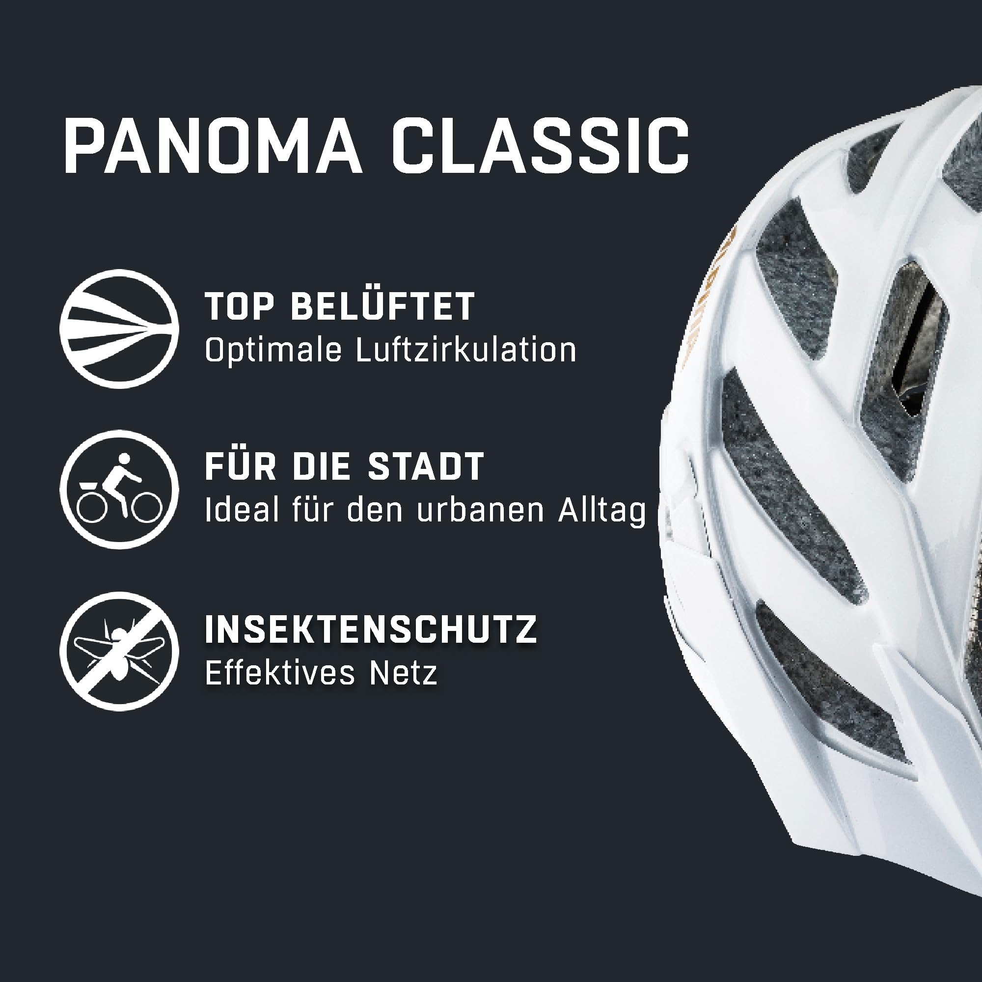 Weißer Fahrradhelm rechts mit drei Funktionssymbolen und Text links vor dunklem Hintergrund.