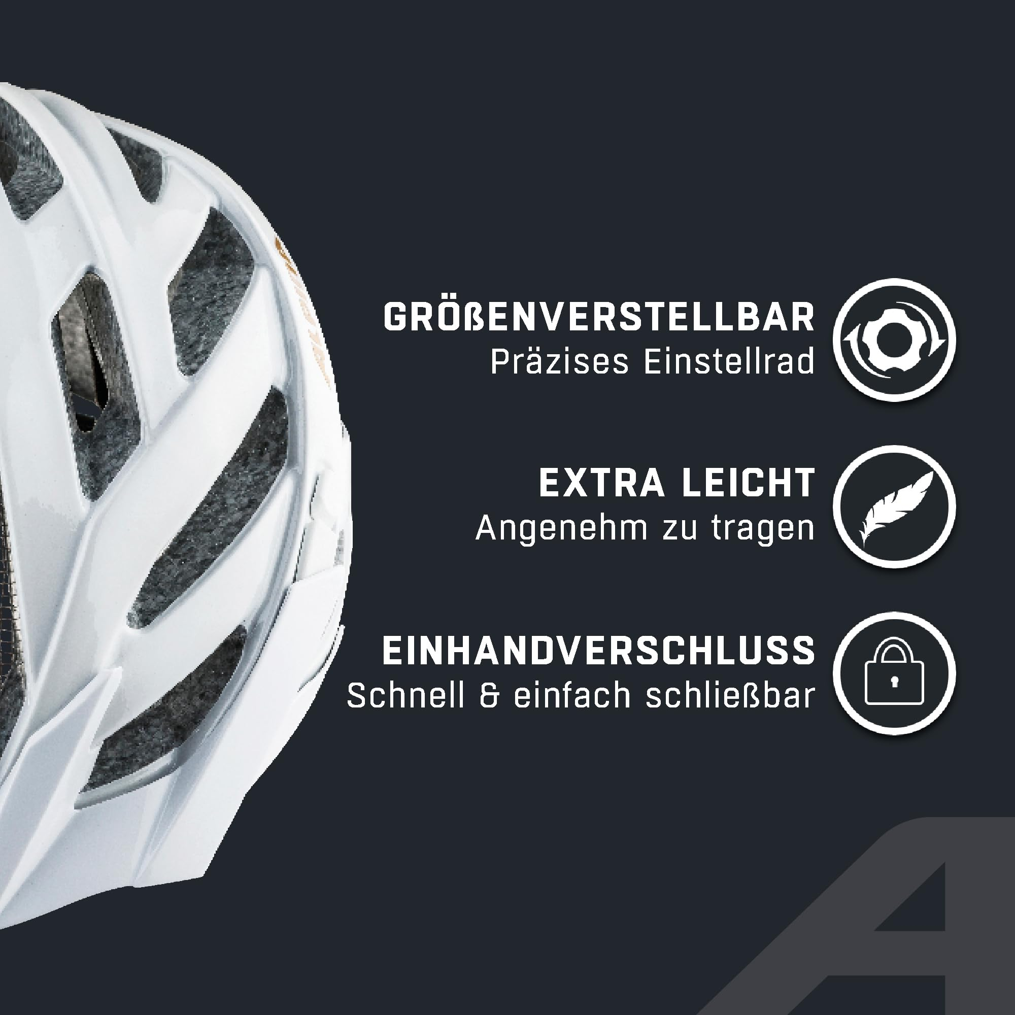 Werbebild für einen weißen Fahrradhelm mit Eigenschaften wie größenverstellbar, extra leicht und Einhandverschluss.