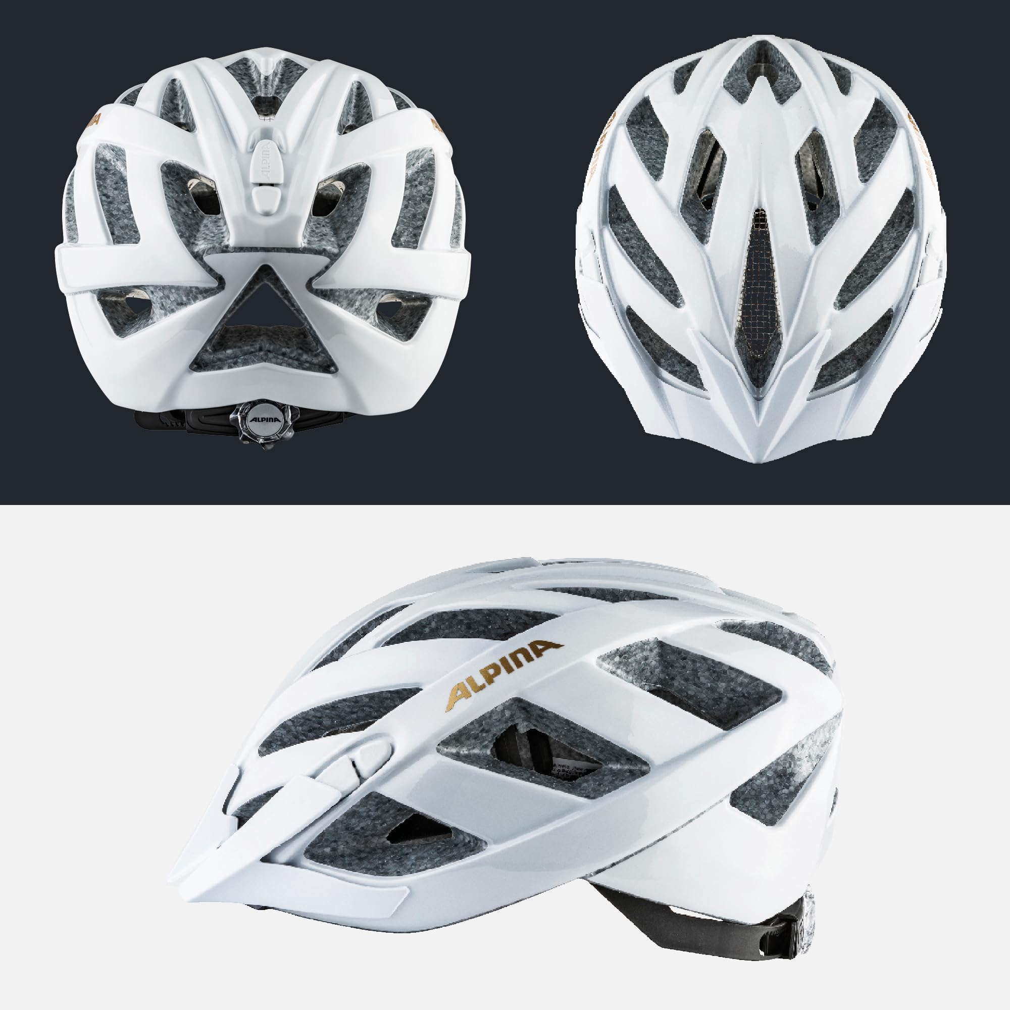 Drei Ansichten eines weißen Alpina-Fahrradhelms mit Belüftungslöchern.