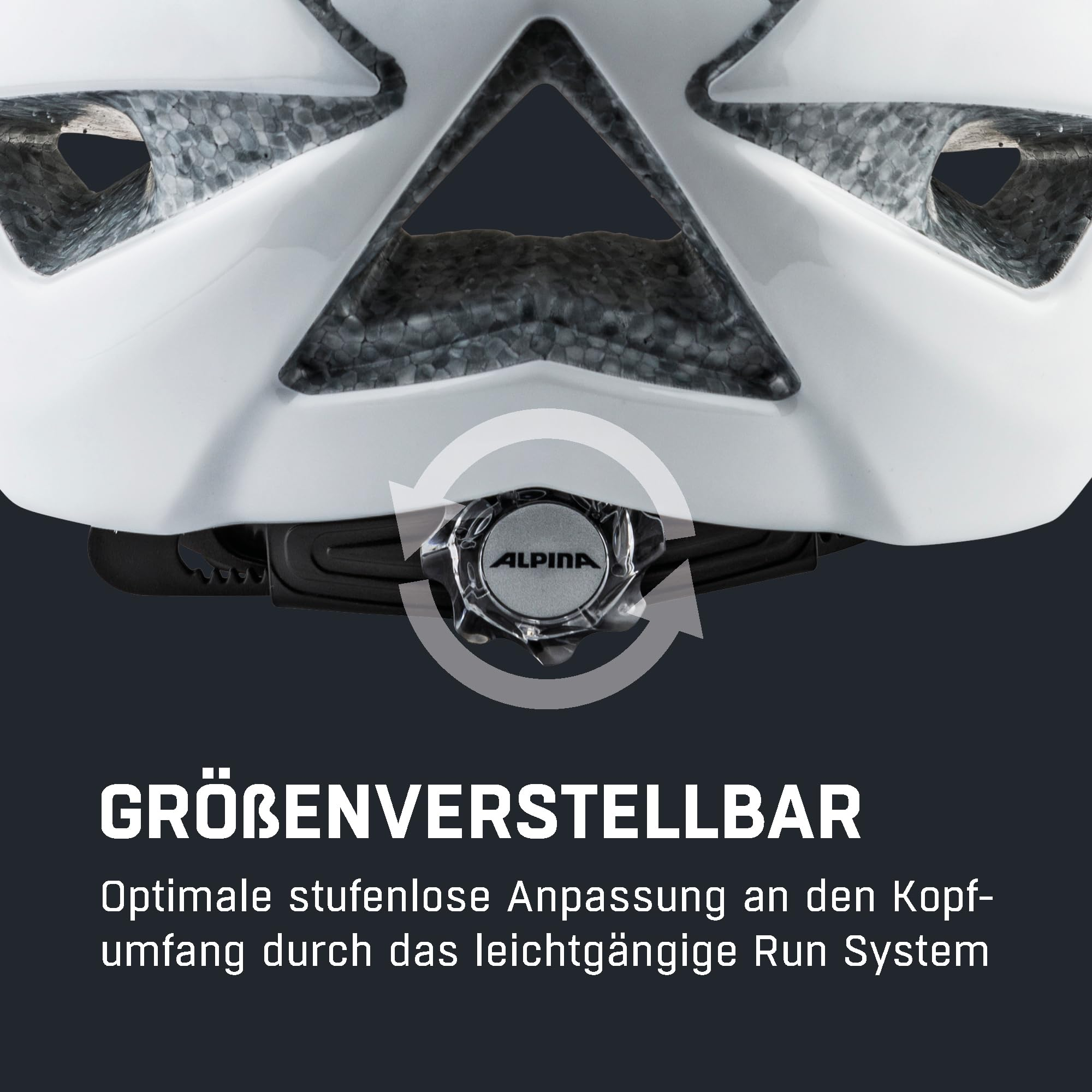 Nahaufnahme des Alpina-Helms mit Run-System zur stufenlosen Größenverstellung.
