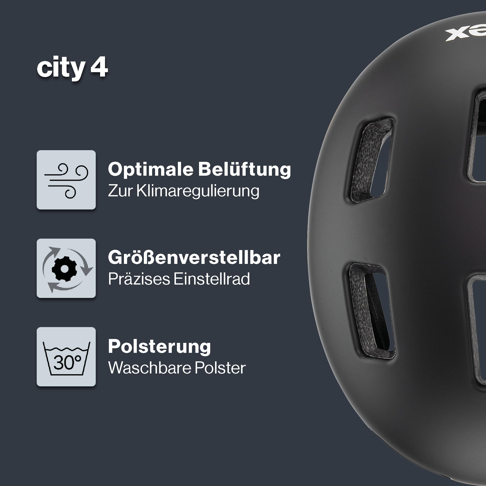 Schwarzer City 4 Helm mit Belüftung, verstellbarer Größe und waschbaren Polstern.